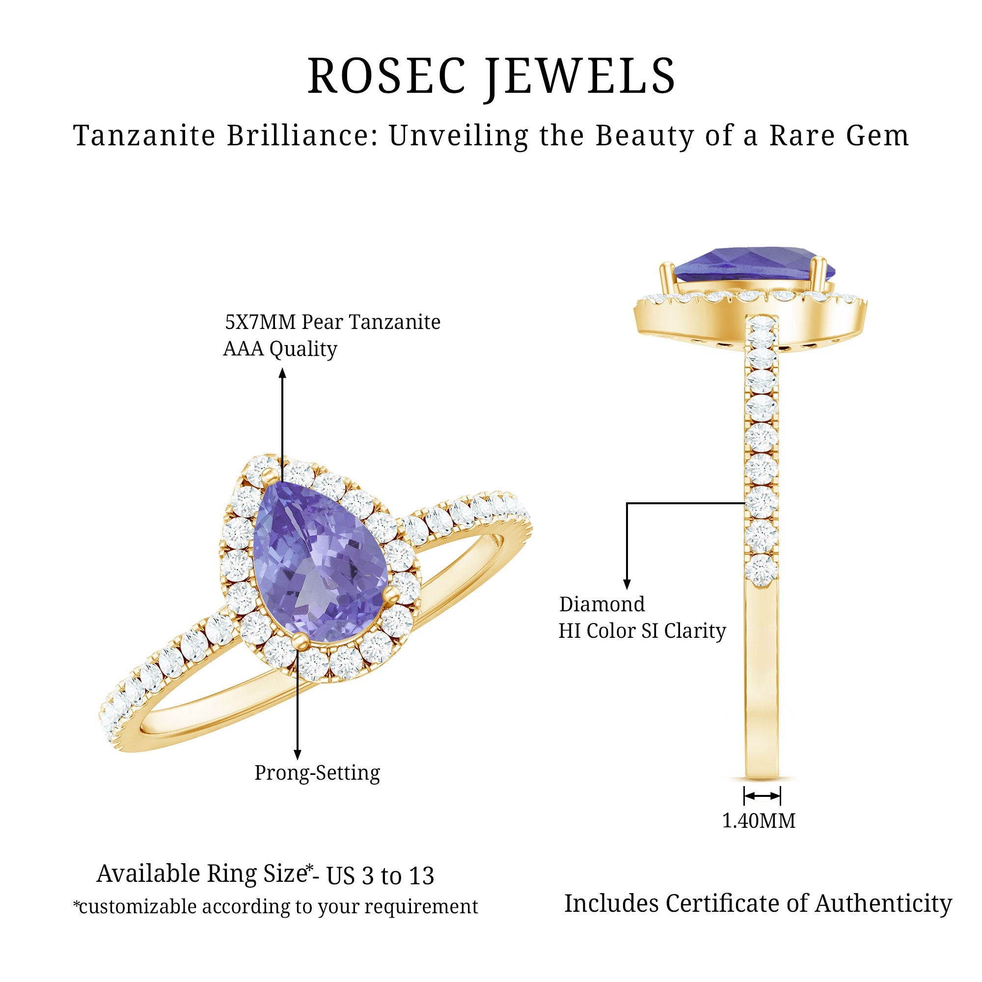 Real Pear Shape Tanzanite Teardrop Engagement Ring with Diamond Halo