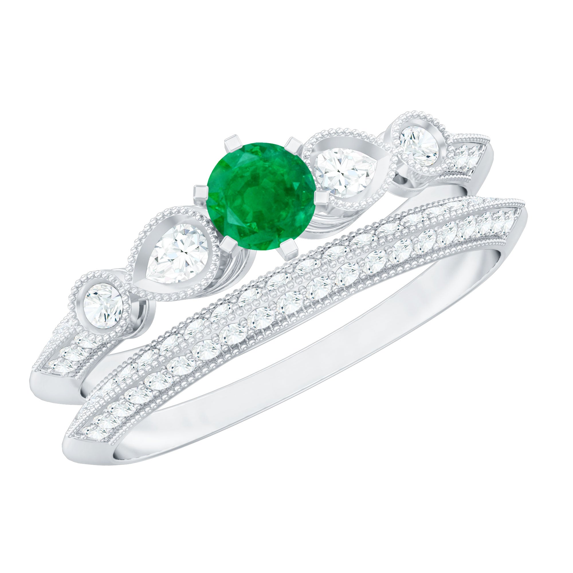 Vintage Looking Emerald Diamond Engagement Wedding Ring Set of 2