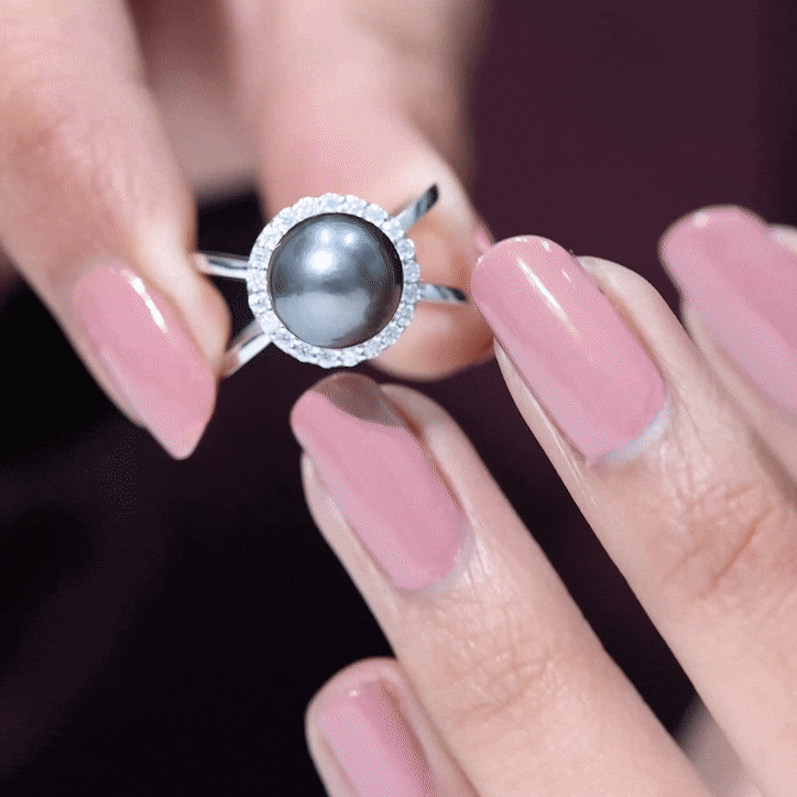 8 Carat Black Pearl Criss Cross Engagement Ring with Diamond Halo
