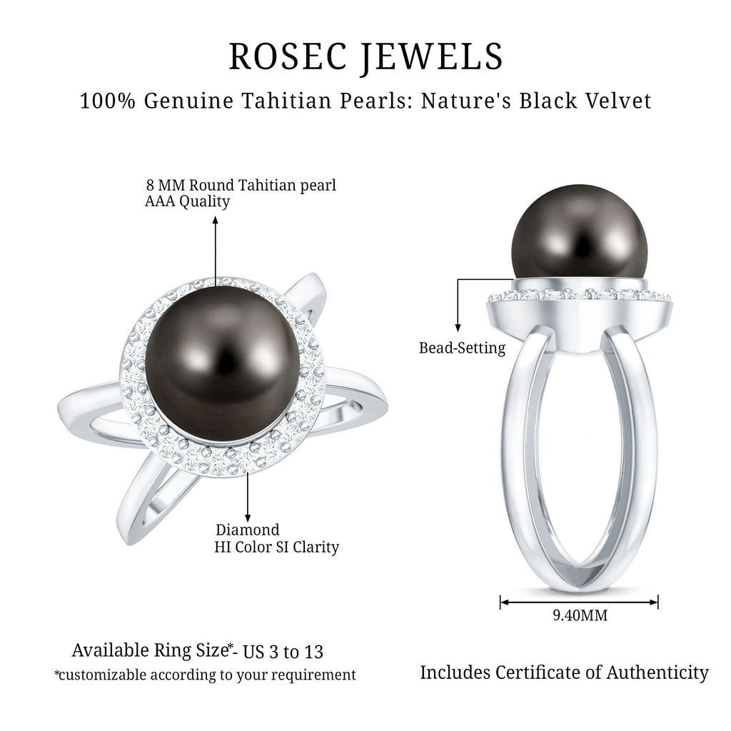 8 Carat Black Pearl Criss Cross Engagement Ring with Diamond Halo