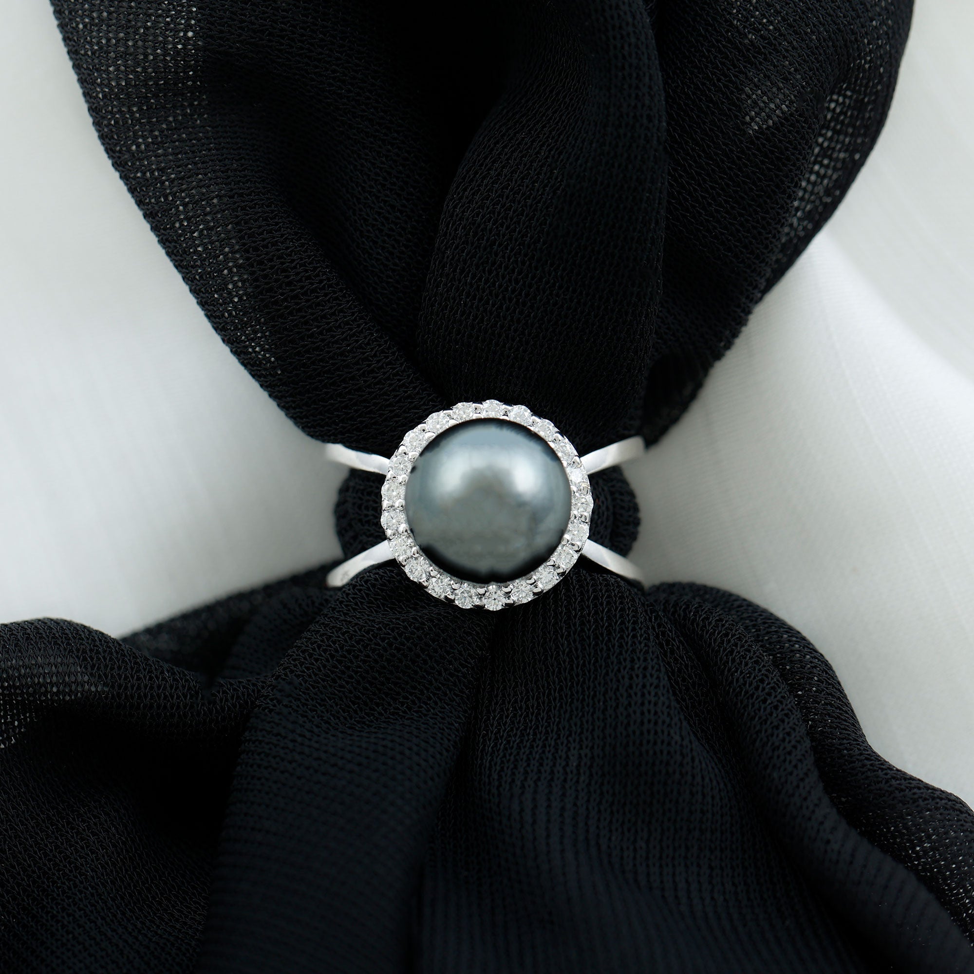 8 Carat Black Pearl Criss Cross Engagement Ring with Diamond Halo