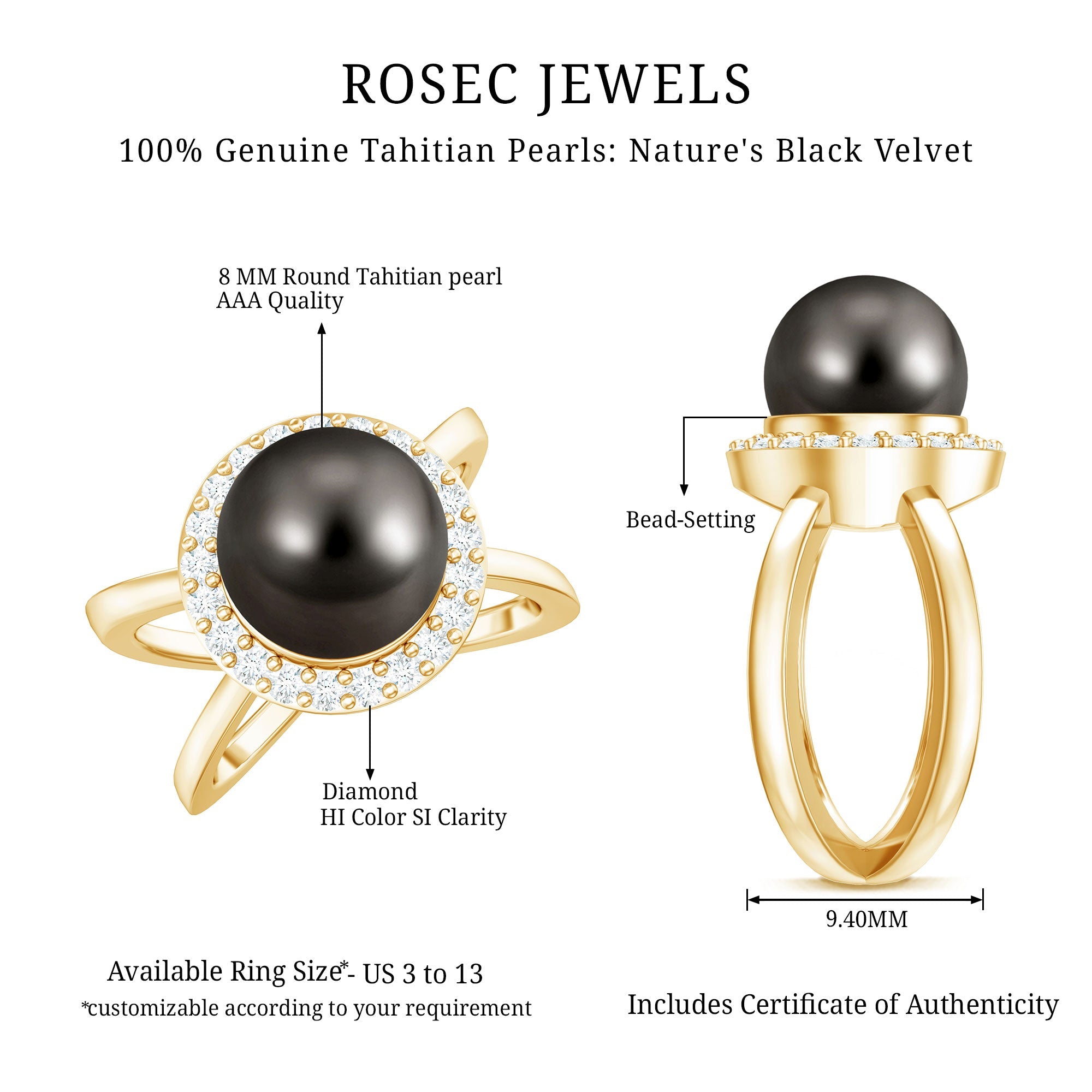 8 Carat Black Pearl Criss Cross Engagement Ring with Diamond Halo