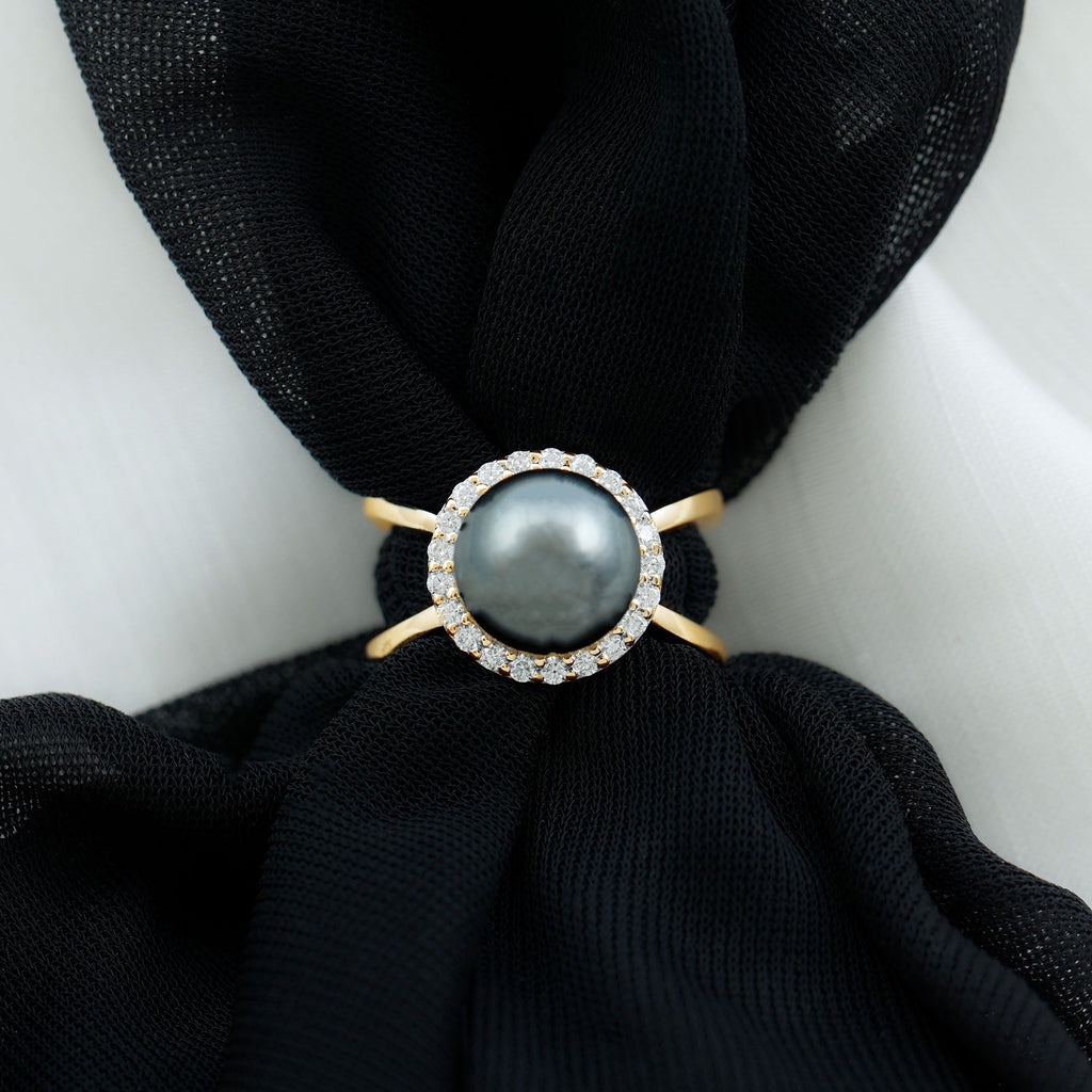 8 Carat Black Pearl Criss Cross Engagement Ring with Diamond Halo
