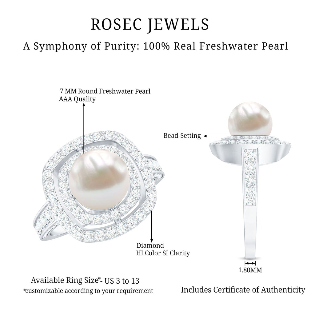 Round Freshwater Pearl and Moissanite Double Halo Engagement Ring