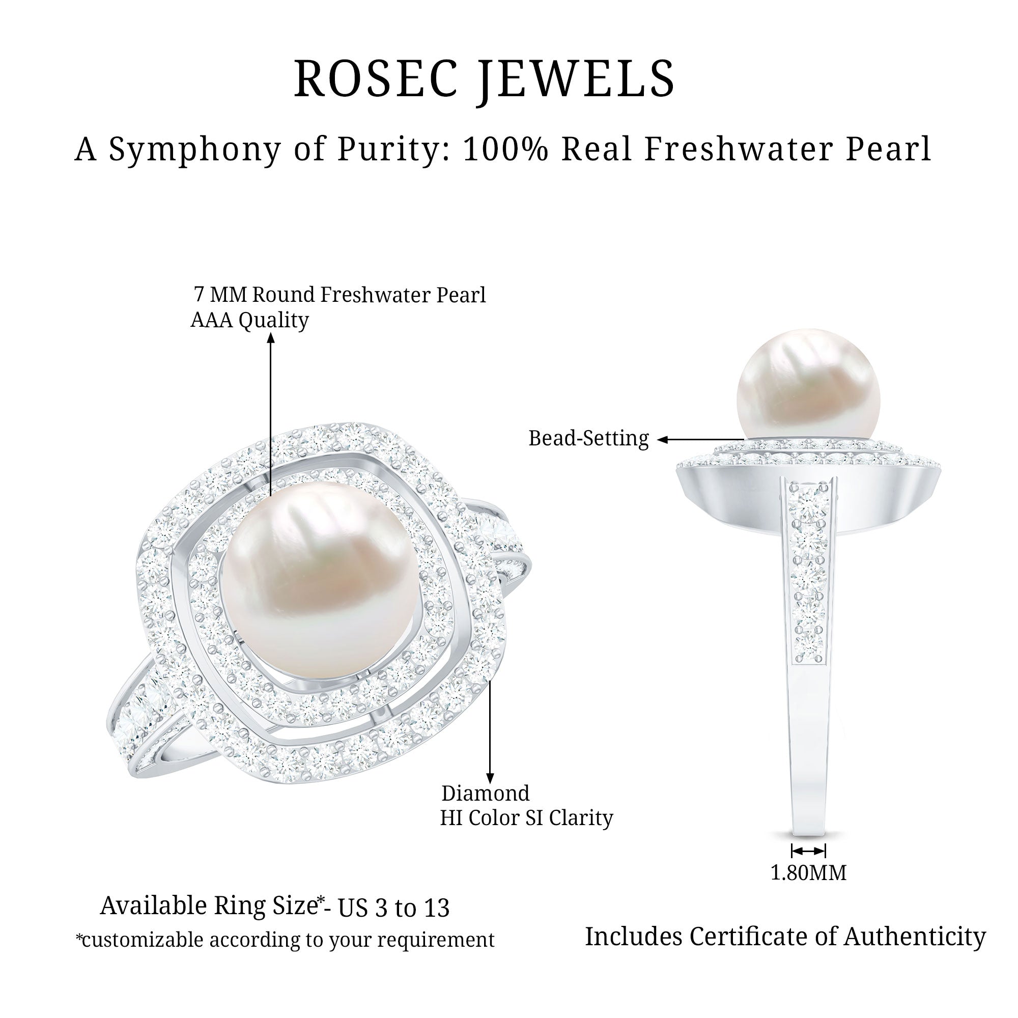 Round Freshwater Pearl and Moissanite Double Halo Engagement Ring