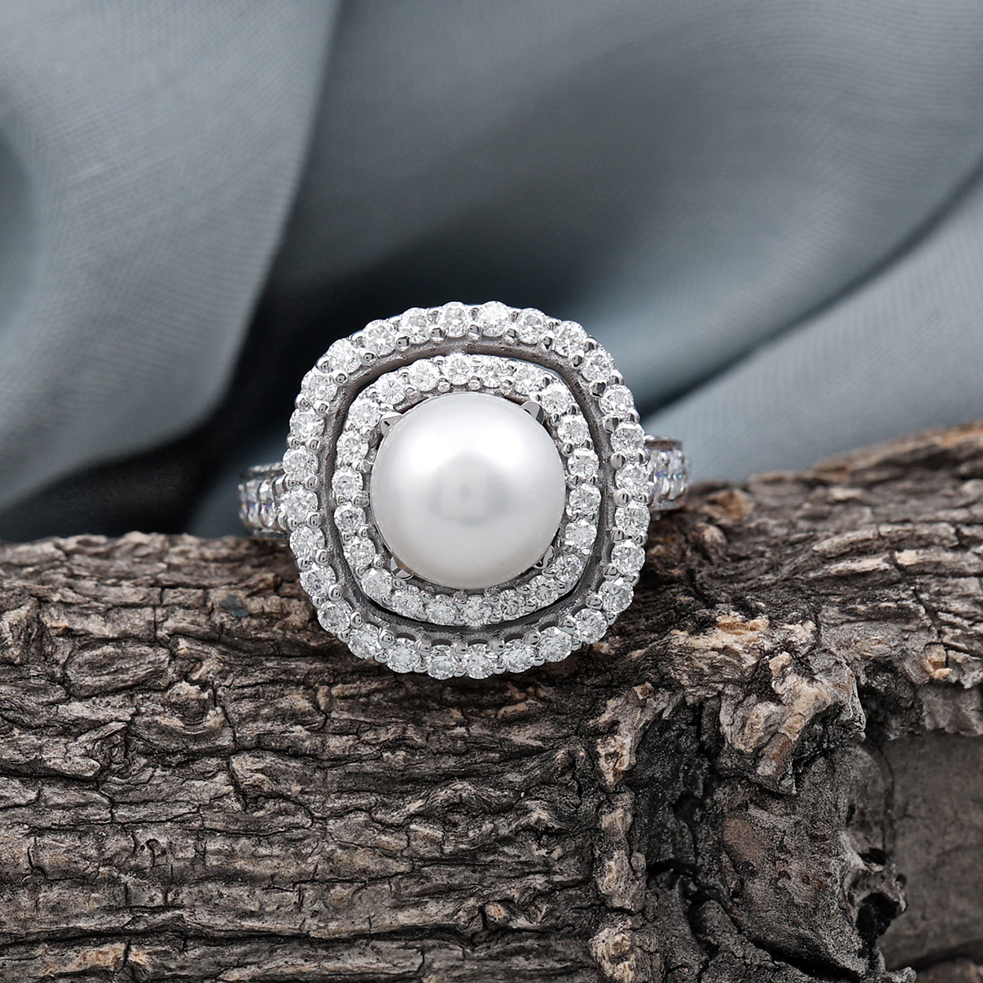 Round Freshwater Pearl and Moissanite Double Halo Engagement Ring