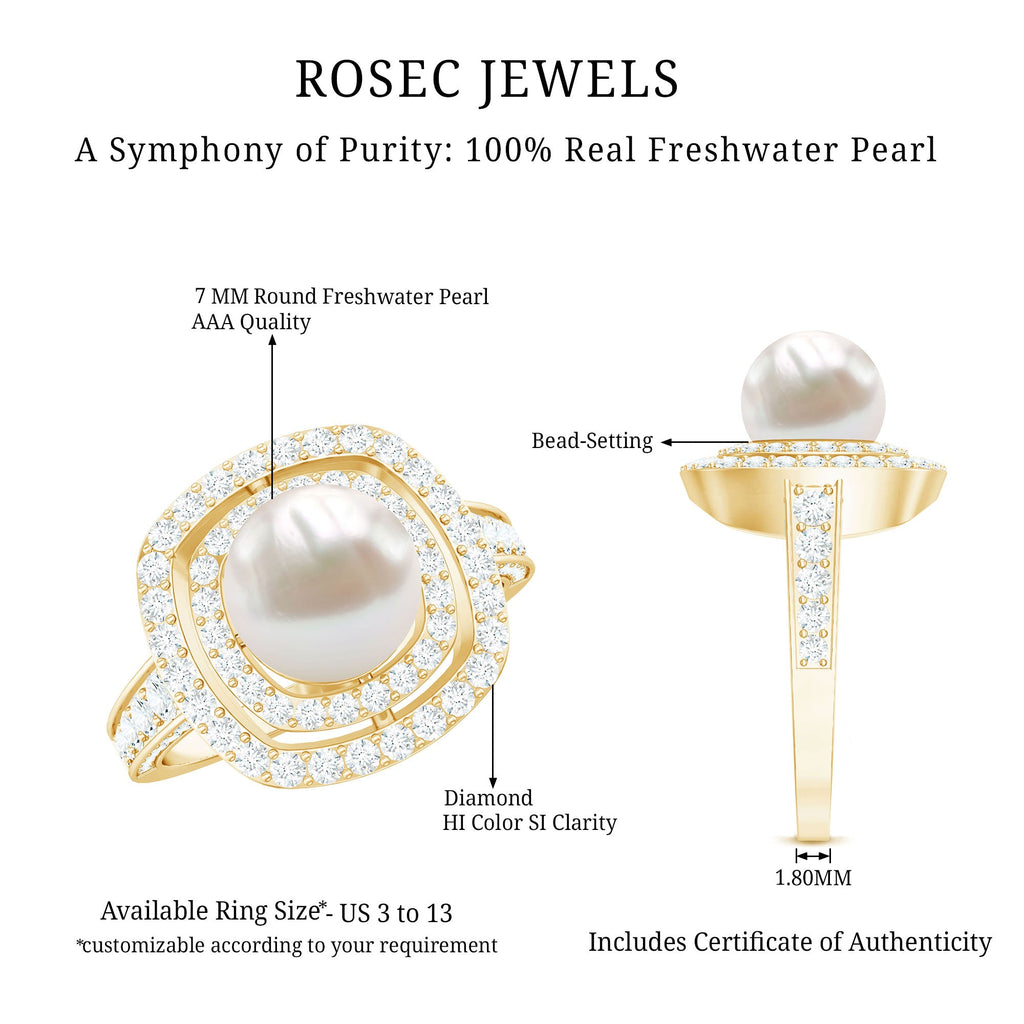 Round Freshwater Pearl and Moissanite Double Halo Engagement Ring