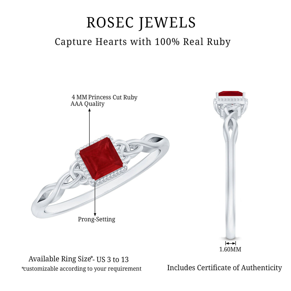 Princess Cut Solitaire Ruby Celtic Knot Ring