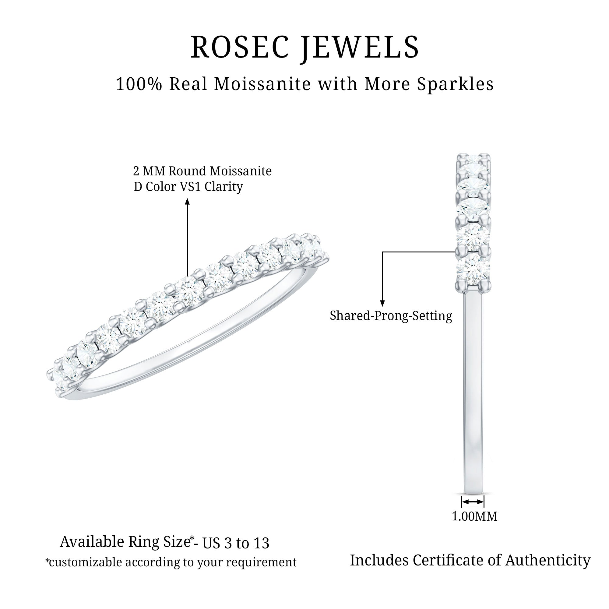 Moissanite Half Eternity Ring in Shared Prong Setting