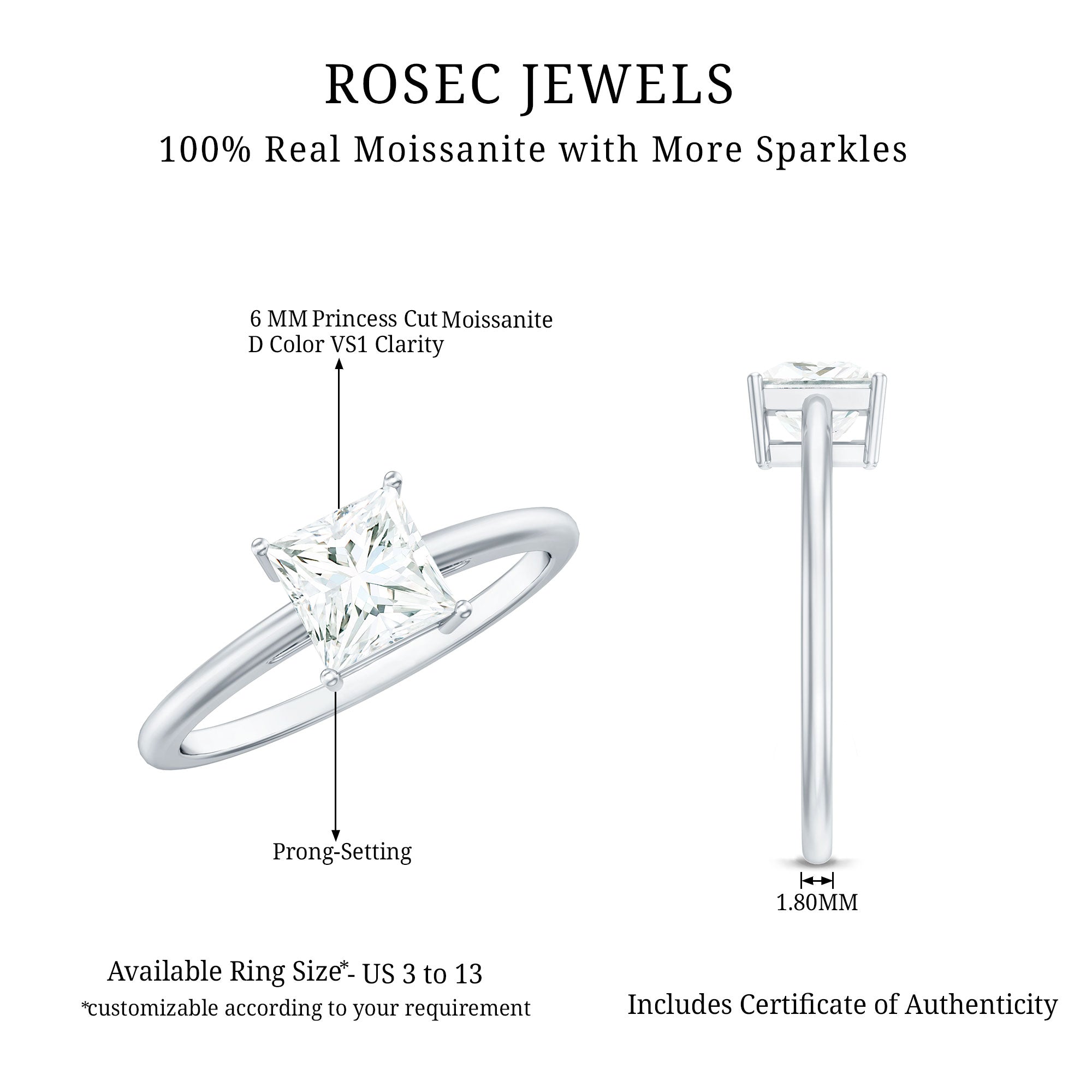1 CT Princess Cut Moissanite Solitaire Ring for Women