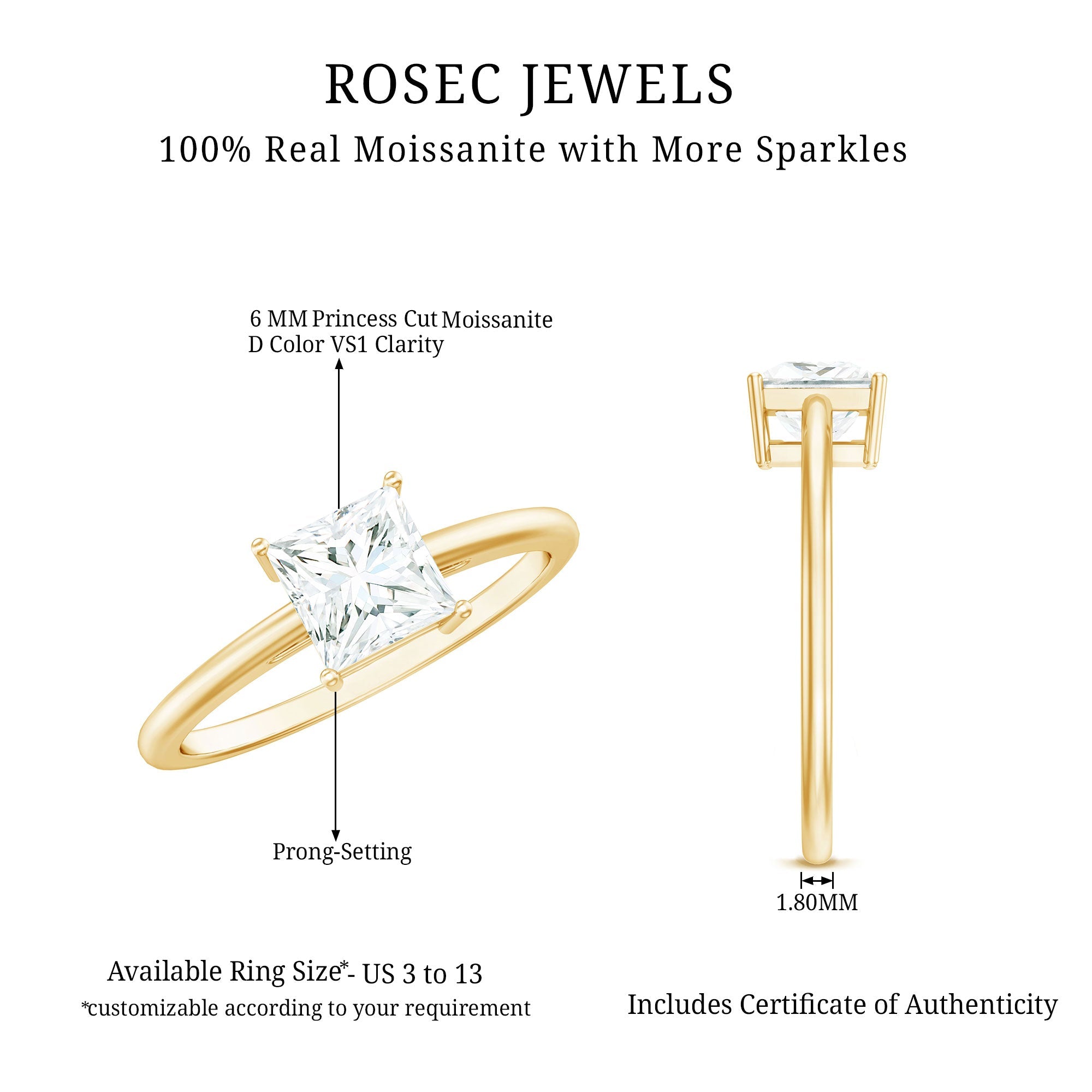 1 CT Princess Cut Moissanite Solitaire Ring for Women