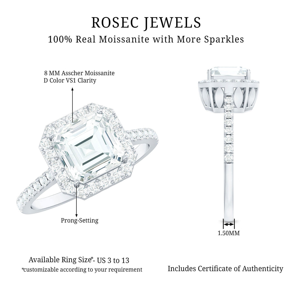 Certified Asscher Cut Moissanite Halo Engagement Ring for Women