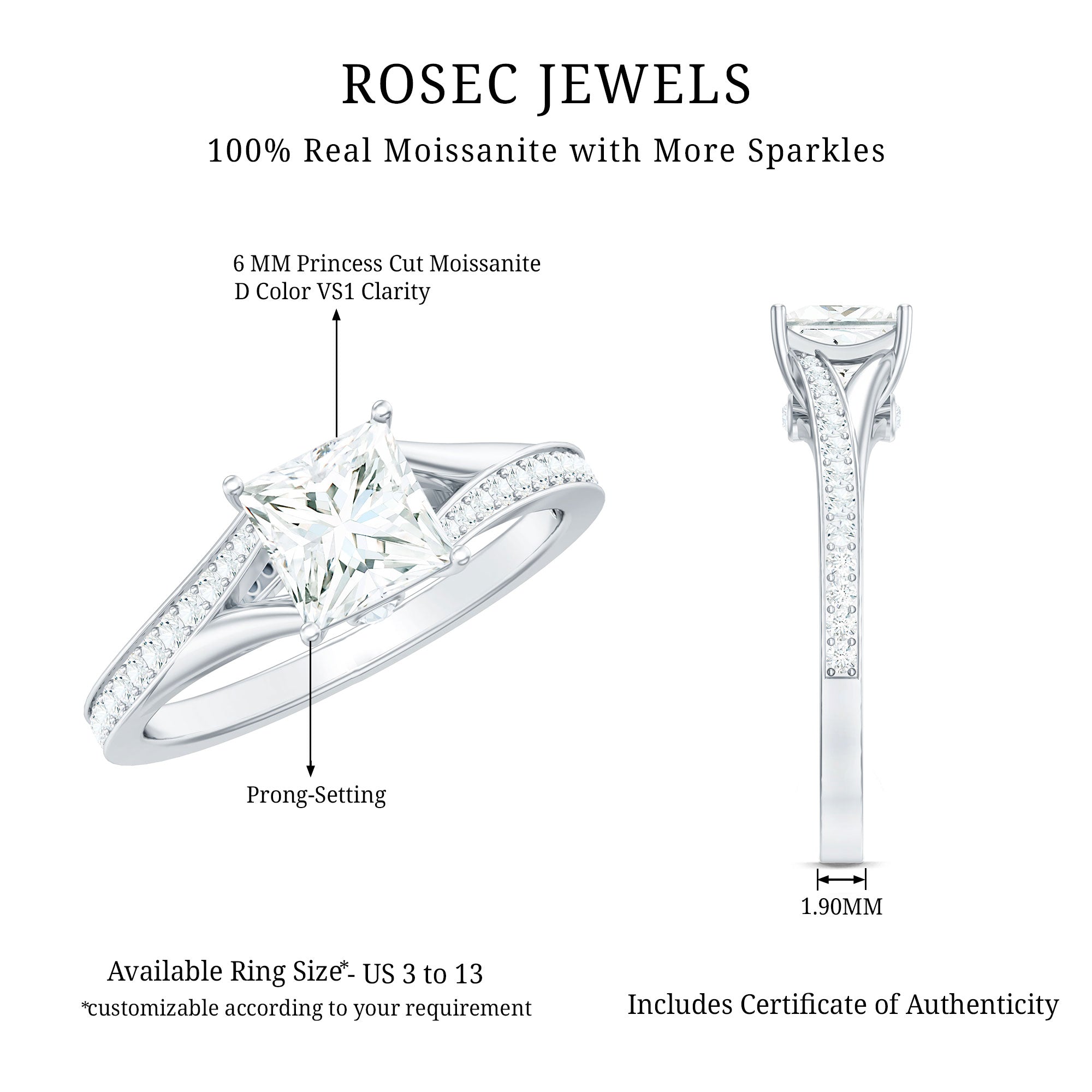 Certified Princess Cut Moissanite Engagement Ring With Split Shank