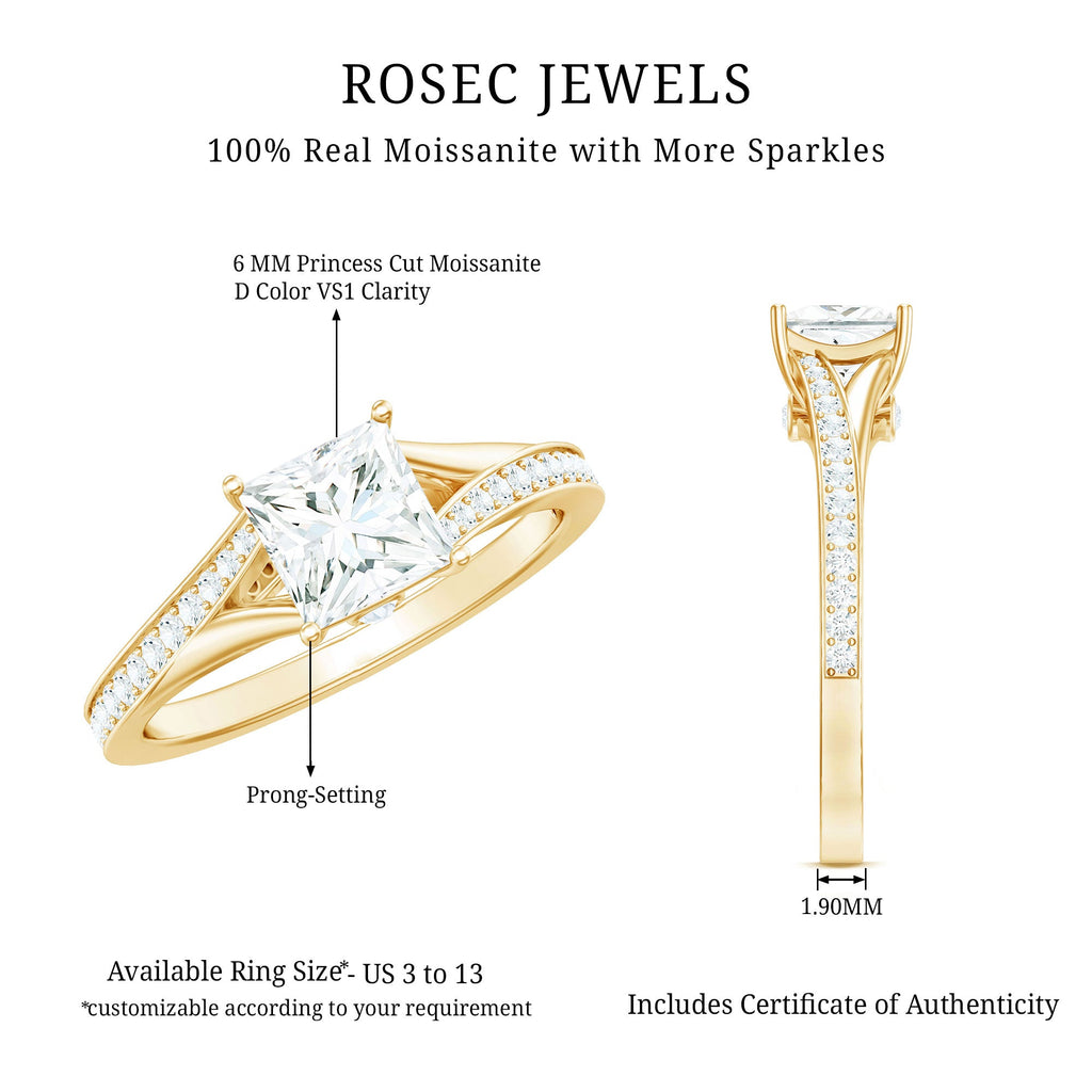 Certified Princess Cut Moissanite Engagement Ring With Split Shank