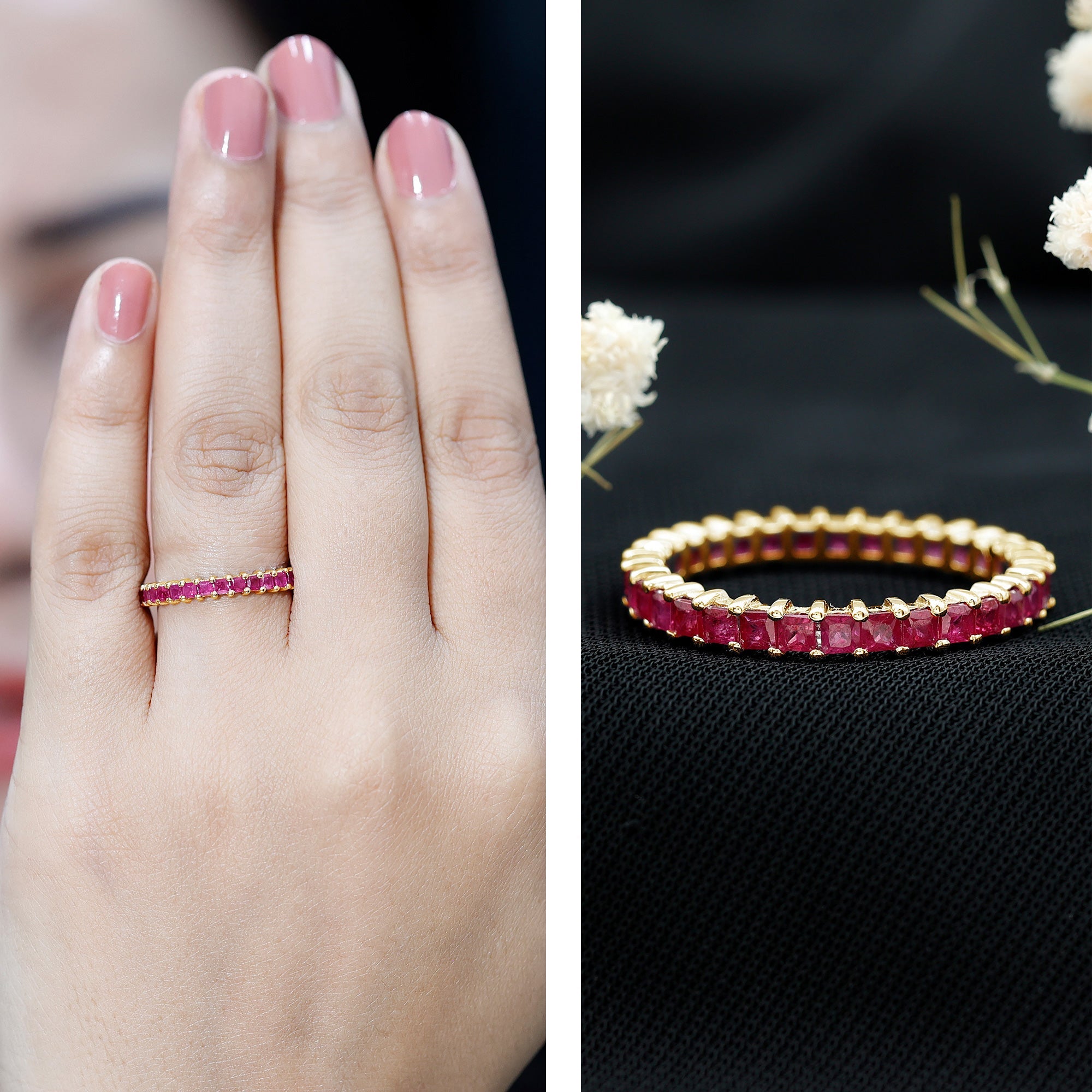 Princess Cut Ruby Eternity Ring in Shared Prong Setting