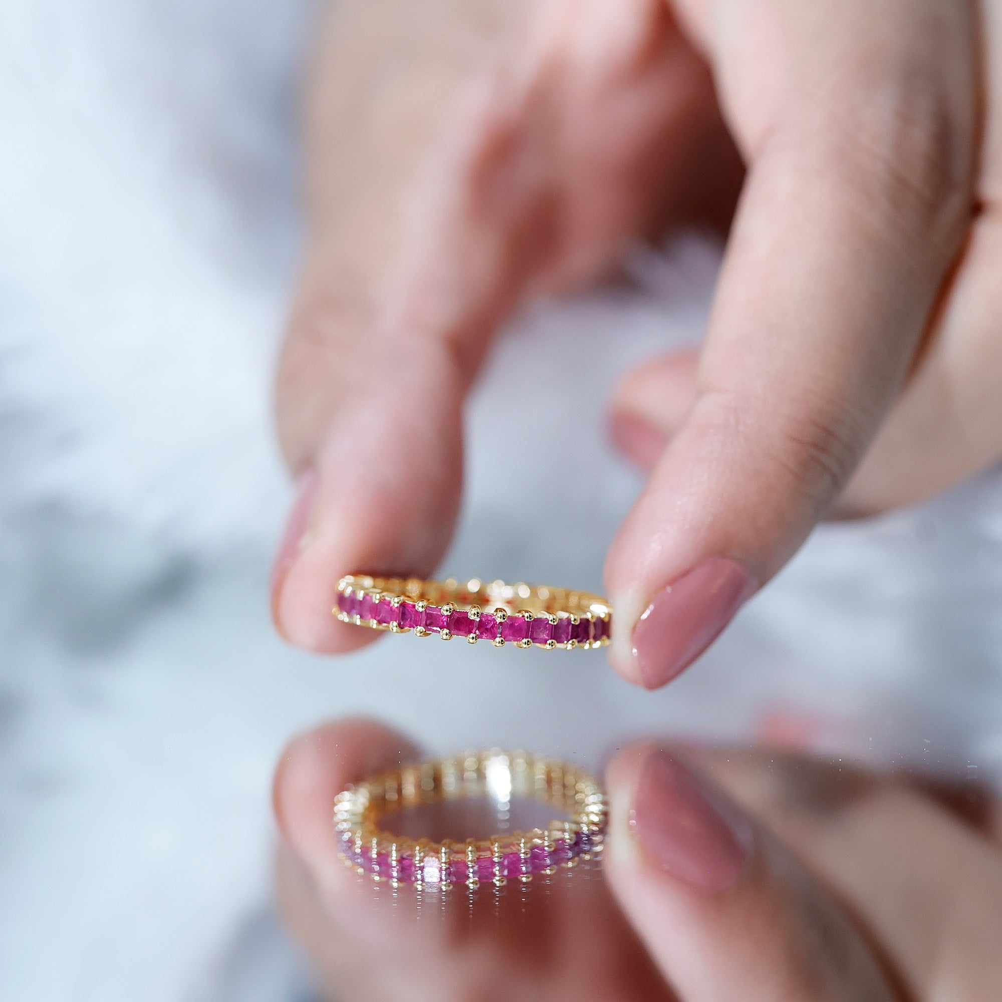 Princess Cut Ruby Eternity Ring in Shared Prong Setting
