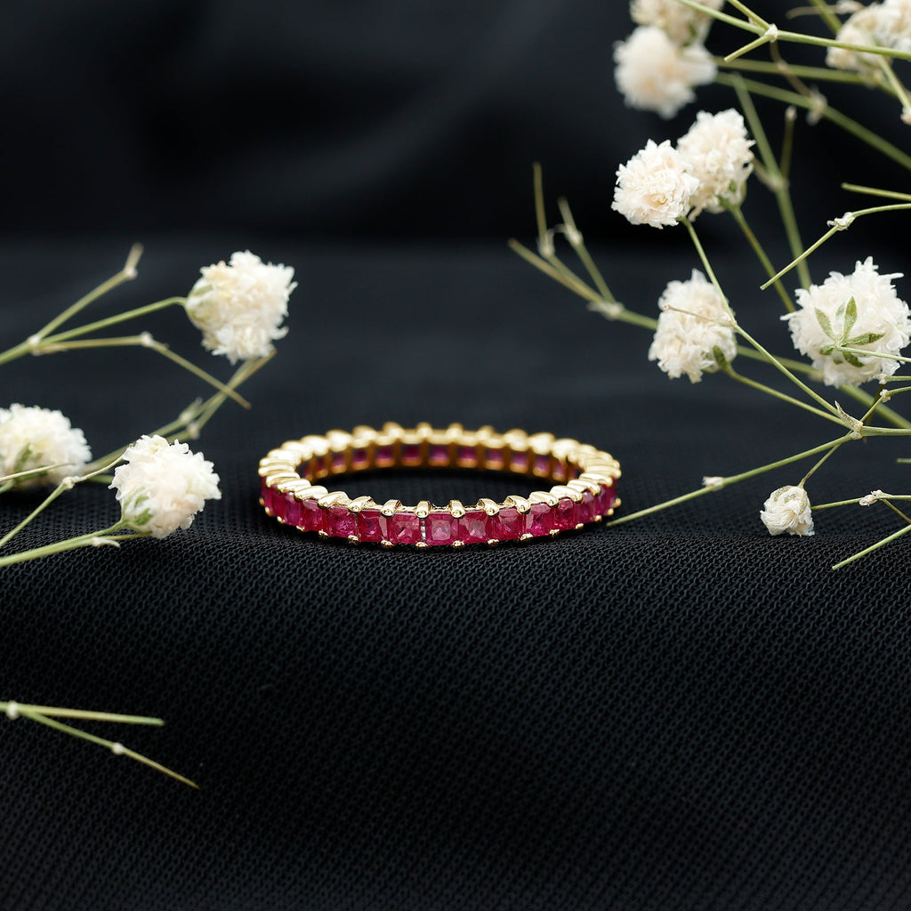 Princess Cut Ruby Eternity Ring in Shared Prong Setting