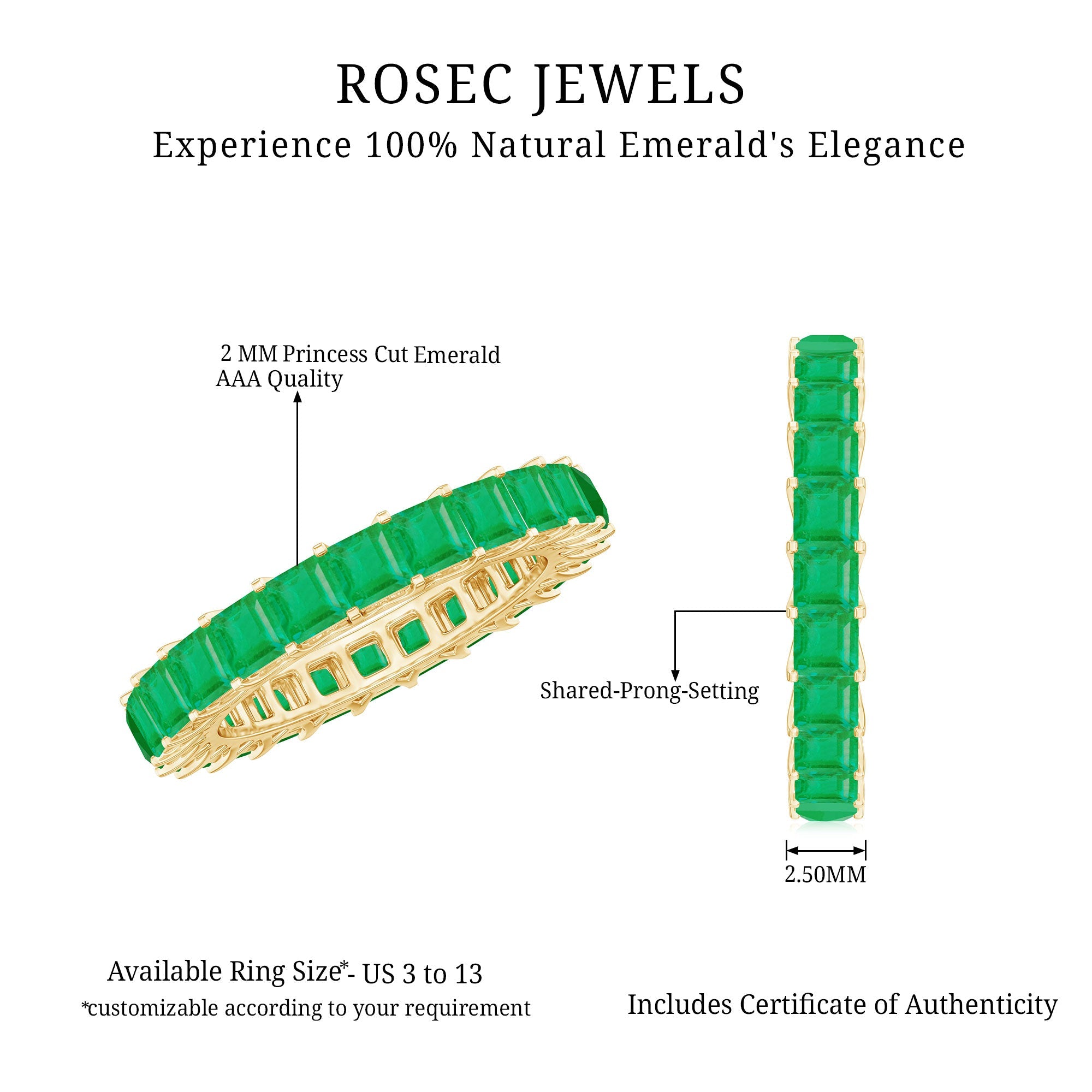 Princess Cut Natural Emerald Eternity Wedding Band