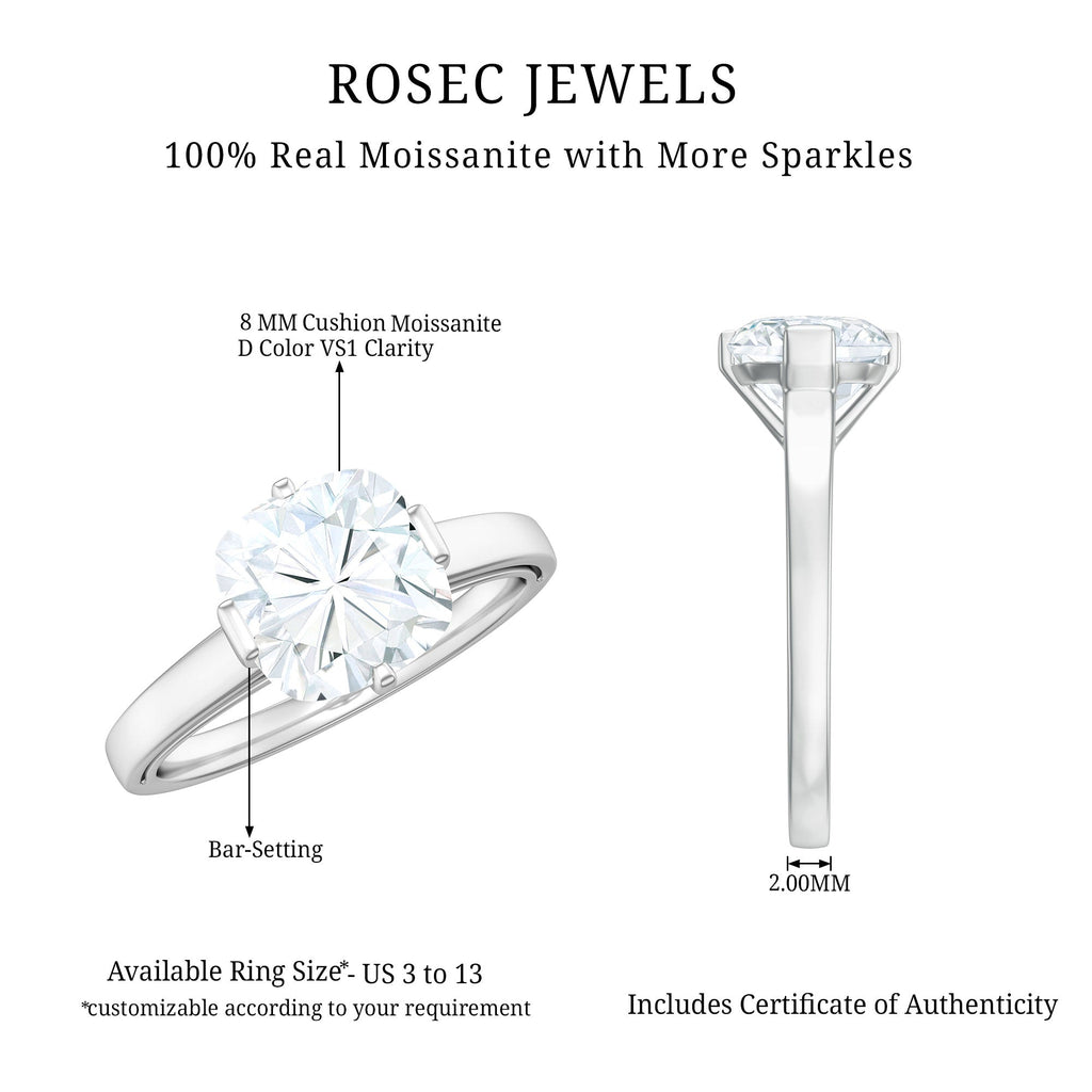8 MM Certified Cushion Cut Moissanite Solitaire Ring in Bar Setting