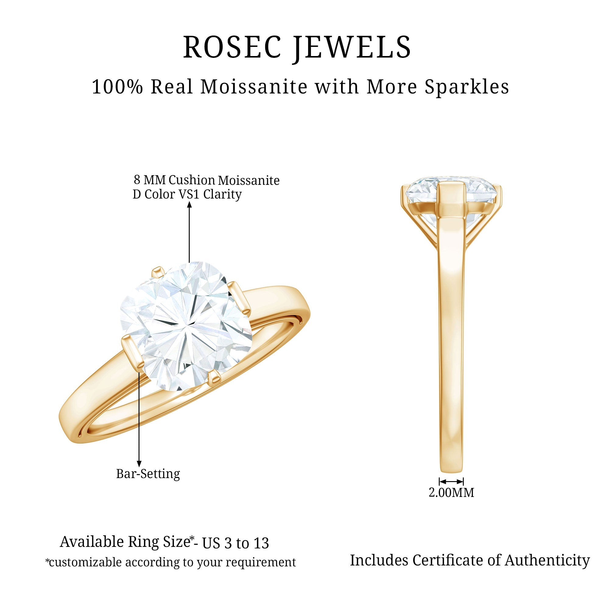 8 MM Certified Cushion Cut Moissanite Solitaire Ring in Bar Setting