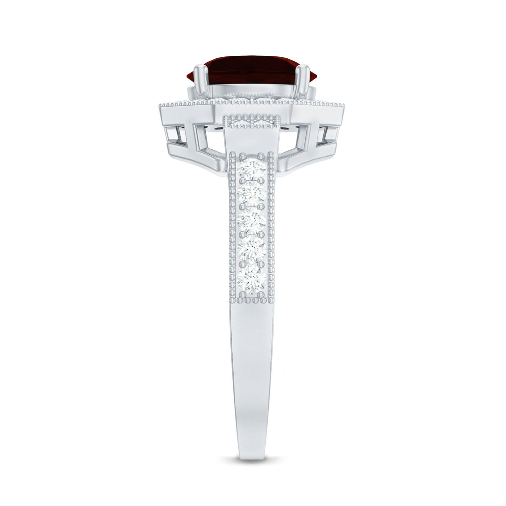 Art Deco 8mm Garnet Engagement Ring with Diamond Halo