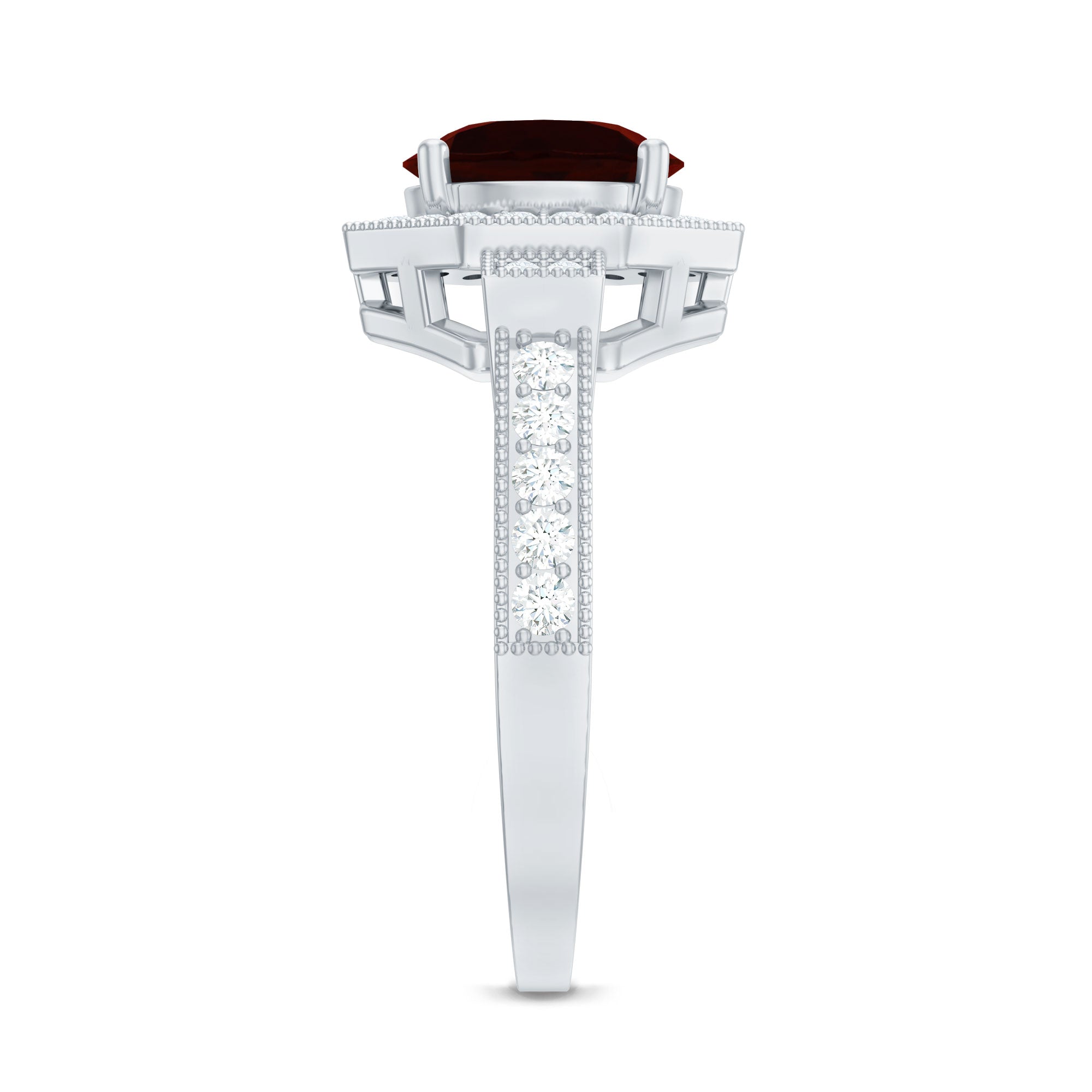 Art Deco 8mm Garnet Engagement Ring with Diamond Halo