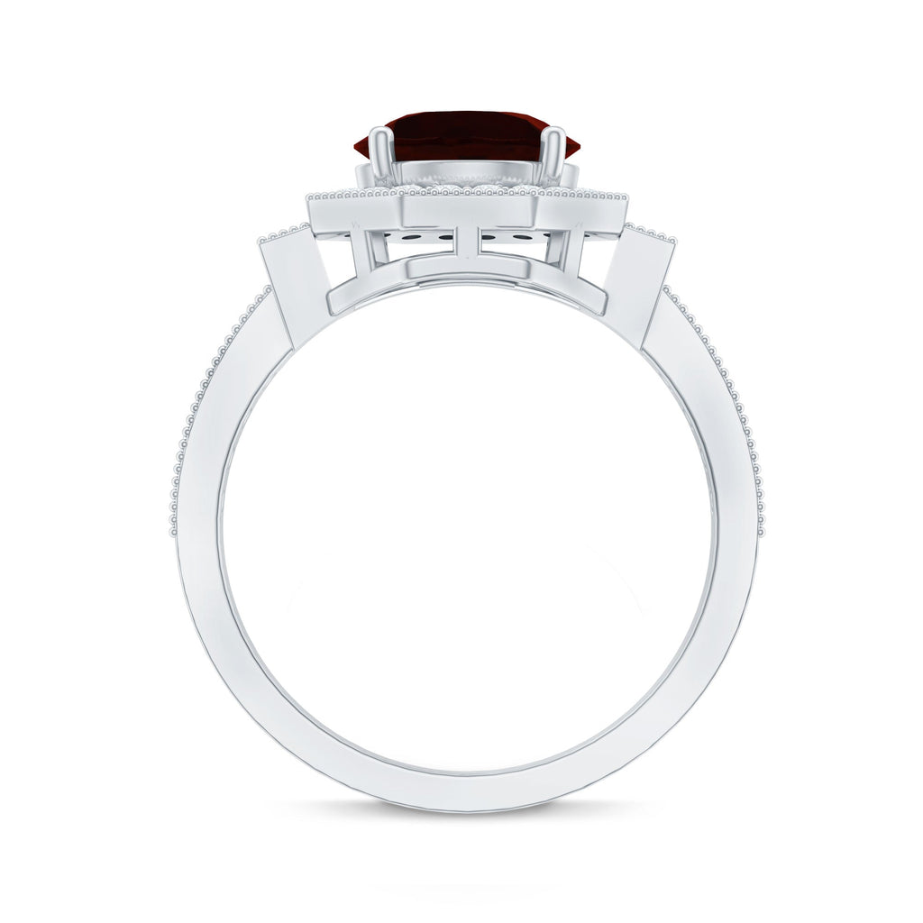 Art Deco 8mm Garnet Engagement Ring with Diamond Halo