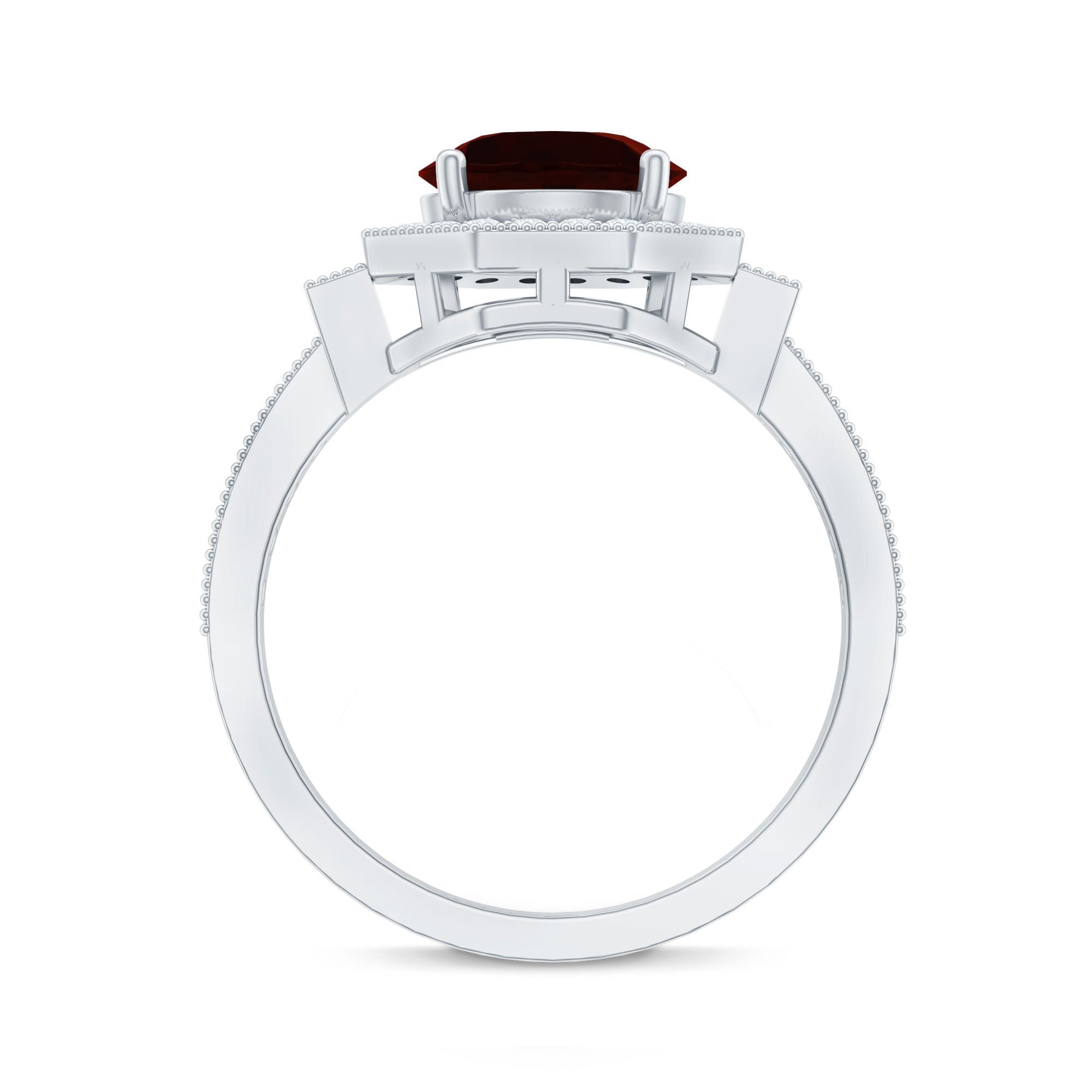 Art Deco 8mm Garnet Engagement Ring with Diamond Halo