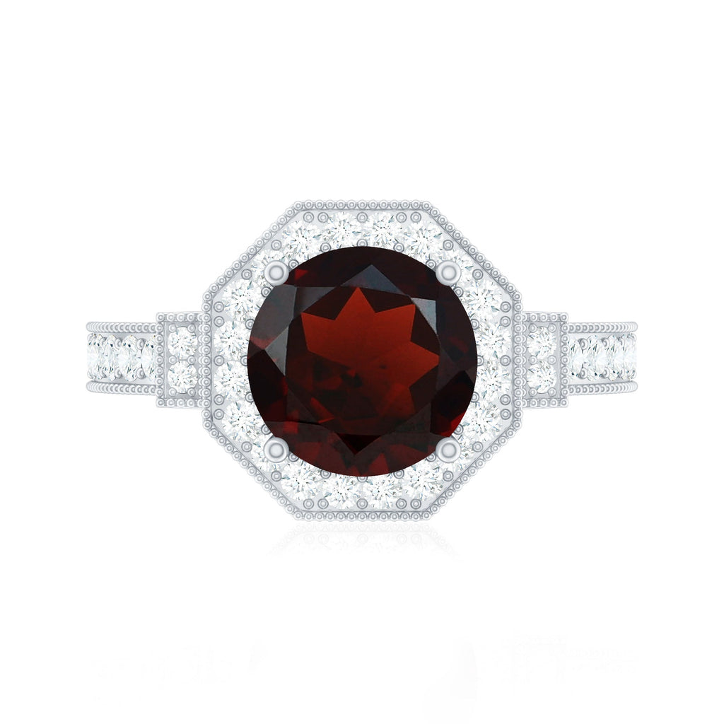 Art Deco 8mm Garnet Engagement Ring with Diamond Halo