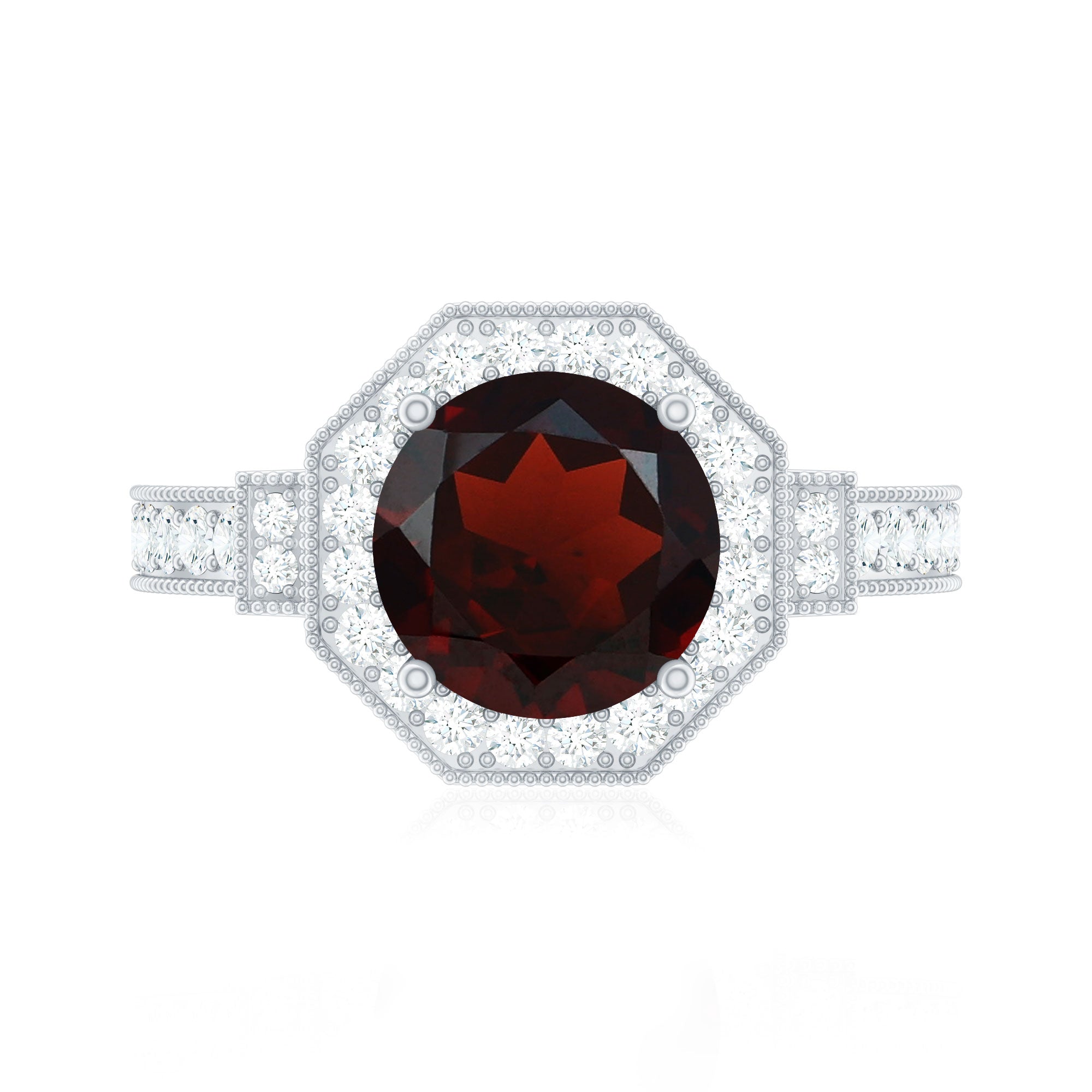 Art Deco 8mm Garnet Engagement Ring with Diamond Halo
