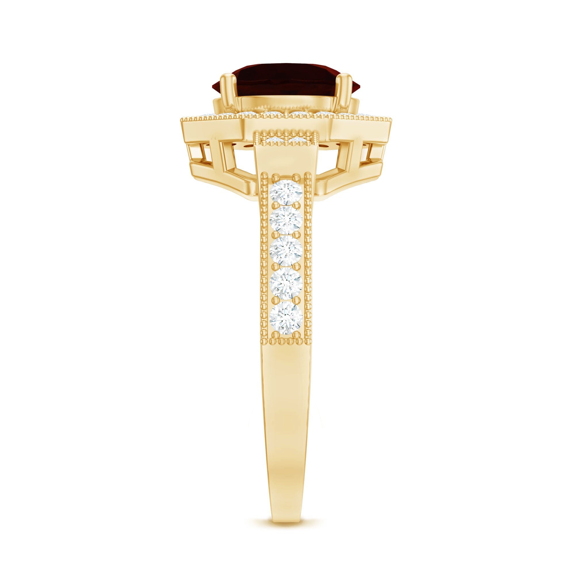 Art Deco 8mm Garnet Engagement Ring with Diamond Halo