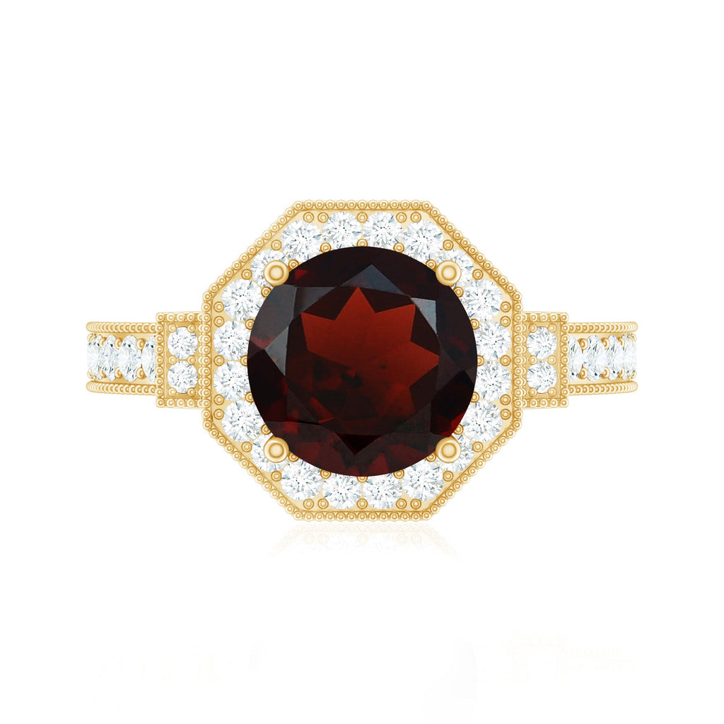 Art Deco 8mm Garnet Engagement Ring with Diamond Halo