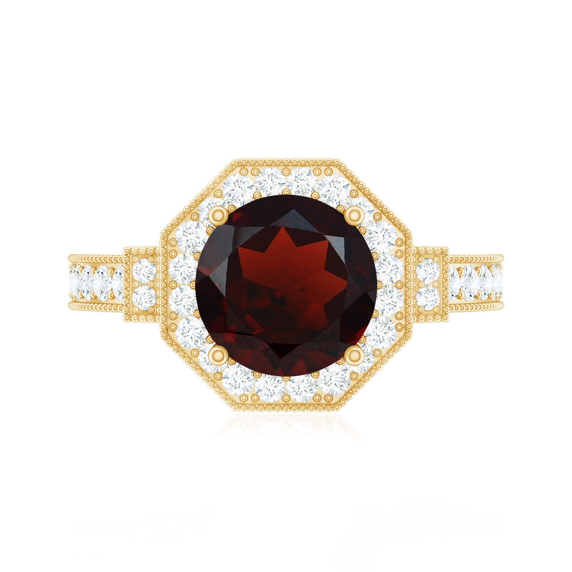 Art Deco 8mm Garnet Engagement Ring with Diamond Halo