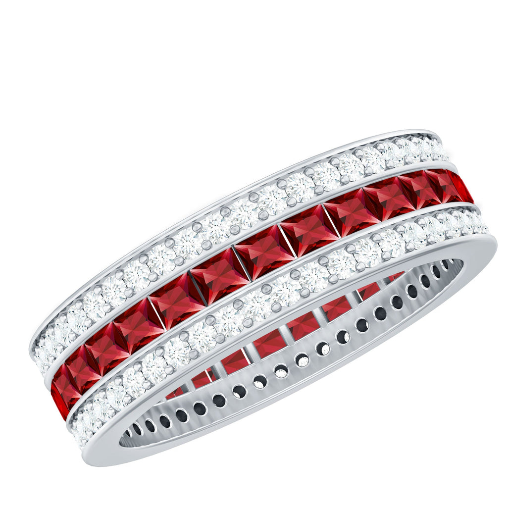 3 CT Princess Cut Lab Created Ruby and Moissanite Wedding Band
