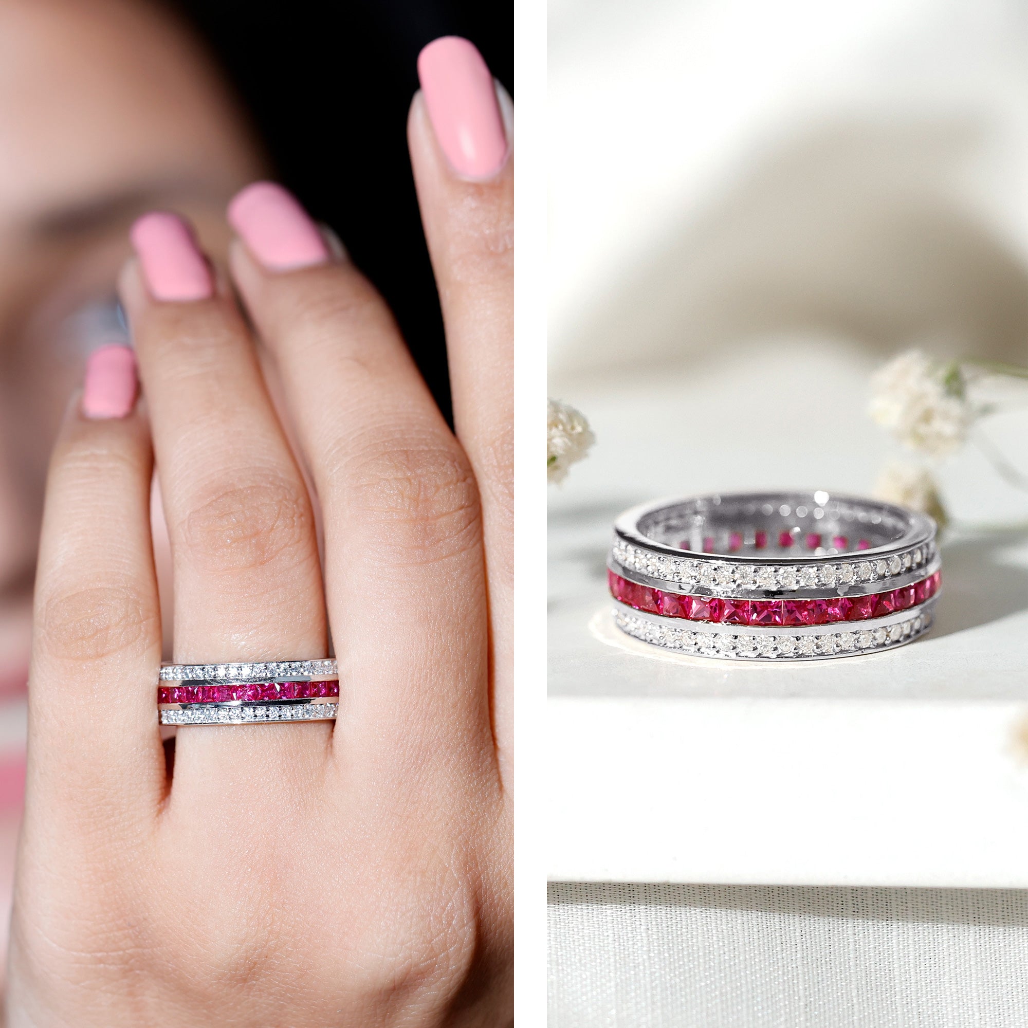 3 CT Princess Cut Lab Created Ruby and Moissanite Wedding Band