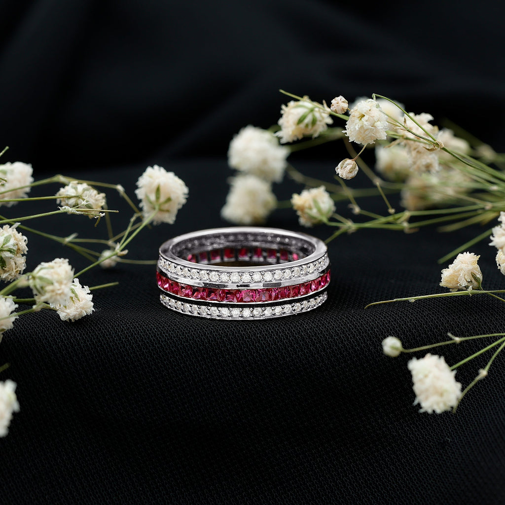 3 CT Princess Cut Lab Created Ruby and Moissanite Wedding Band
