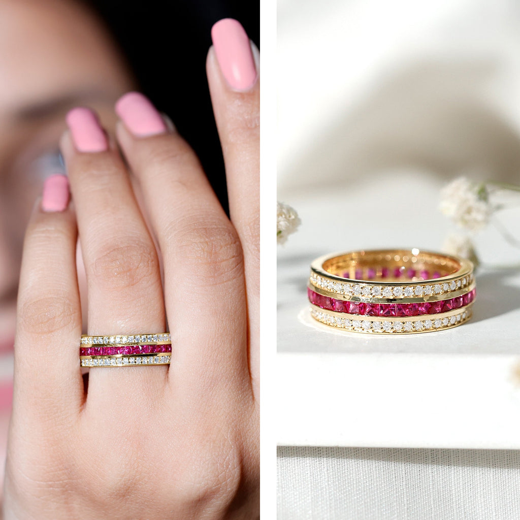 3 CT Princess Cut Lab Created Ruby and Moissanite Wedding Band