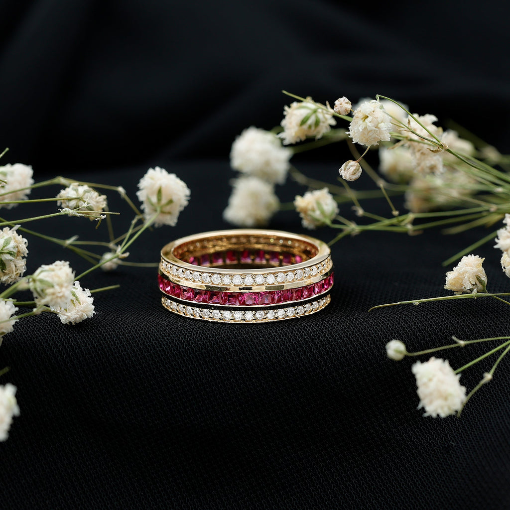 3 CT Princess Cut Lab Created Ruby and Moissanite Wedding Band