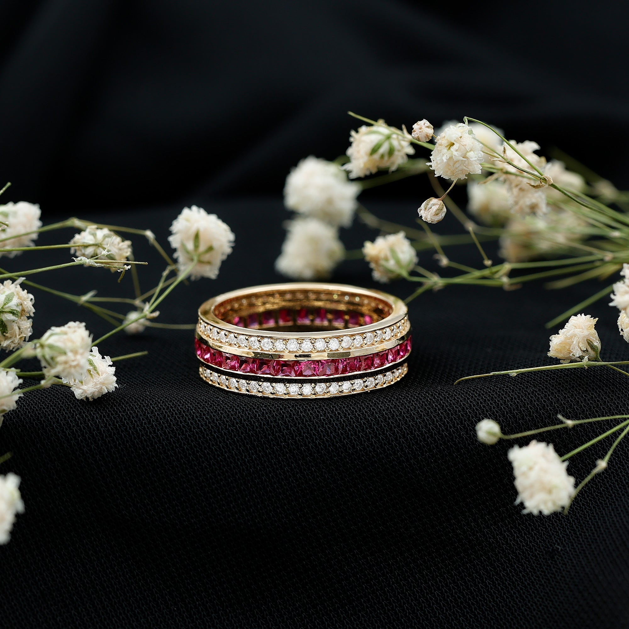 3 CT Princess Cut Lab Created Ruby and Moissanite Wedding Band