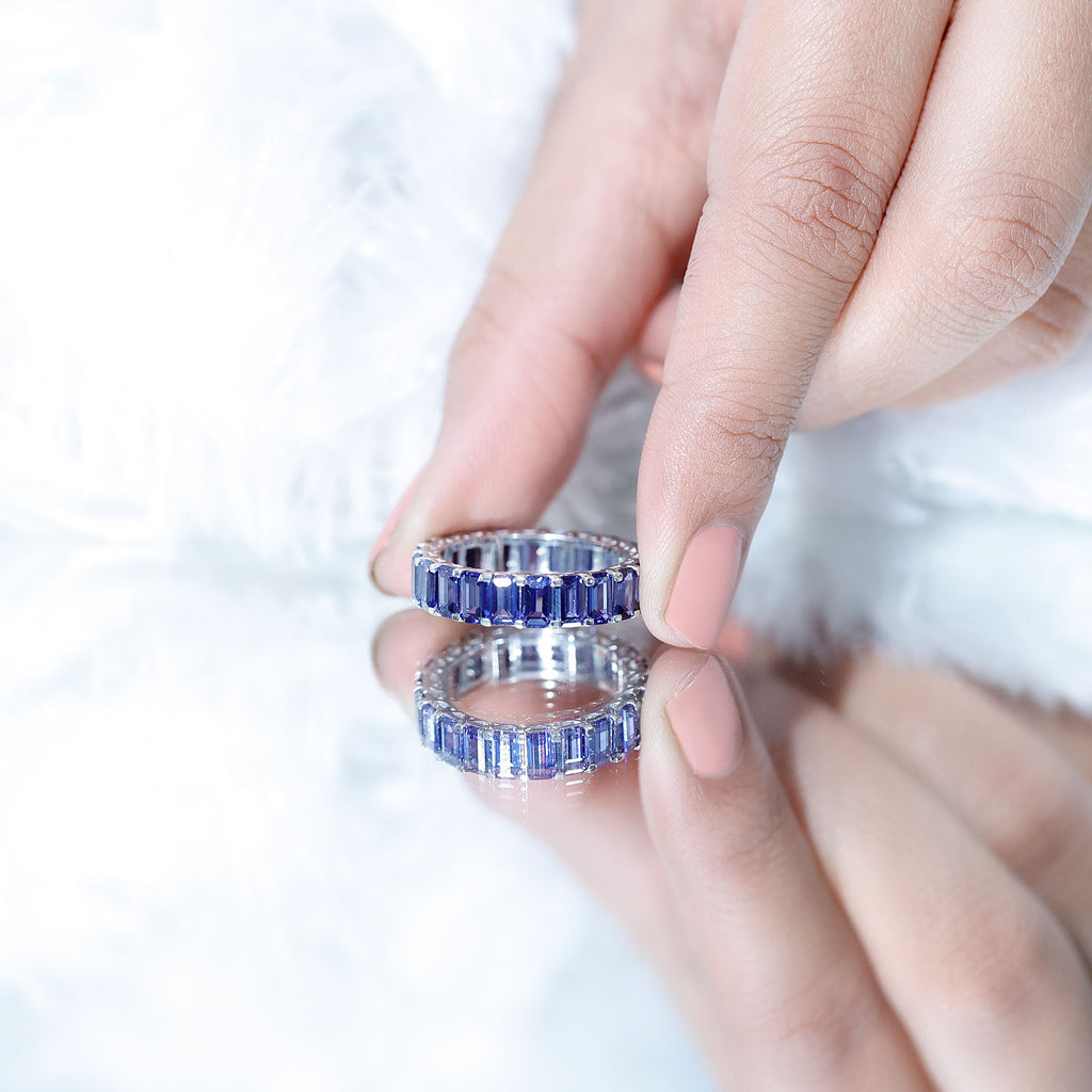 Certified Emerald Cut Lab Grown Blue Sapphire Eternity Band Ring