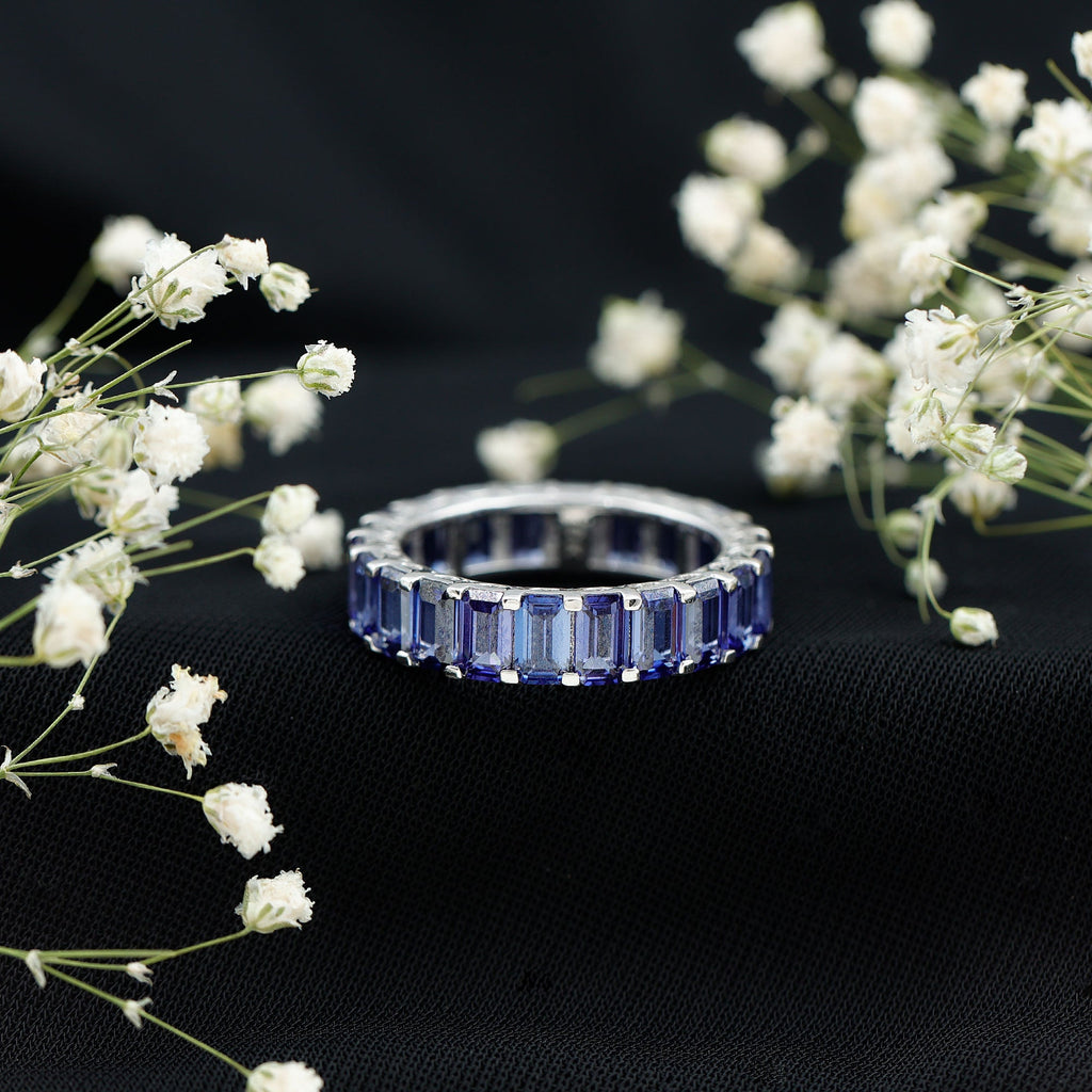 Certified Emerald Cut Lab Grown Blue Sapphire Eternity Band Ring