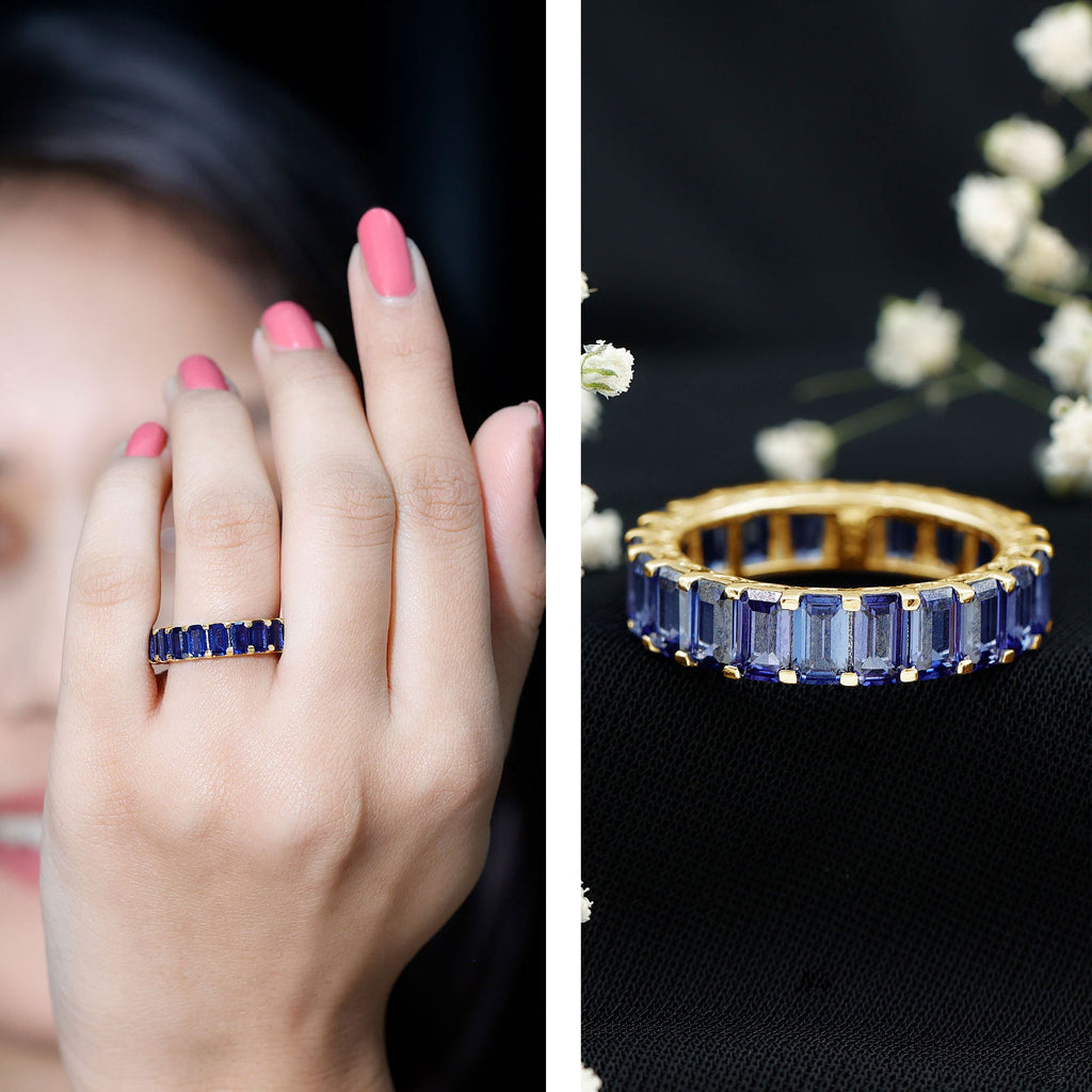 Certified Emerald Cut Lab Grown Blue Sapphire Eternity Band Ring