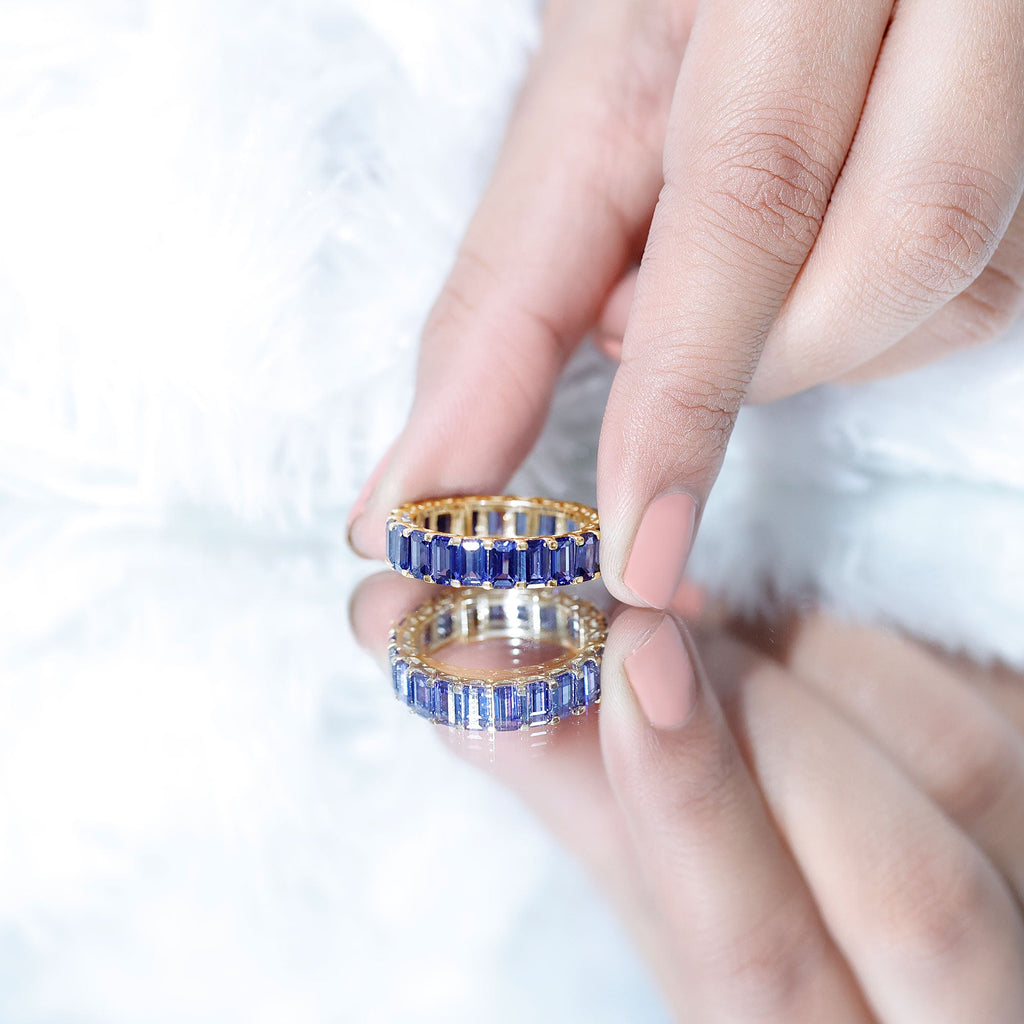 Certified Emerald Cut Lab Grown Blue Sapphire Eternity Band Ring