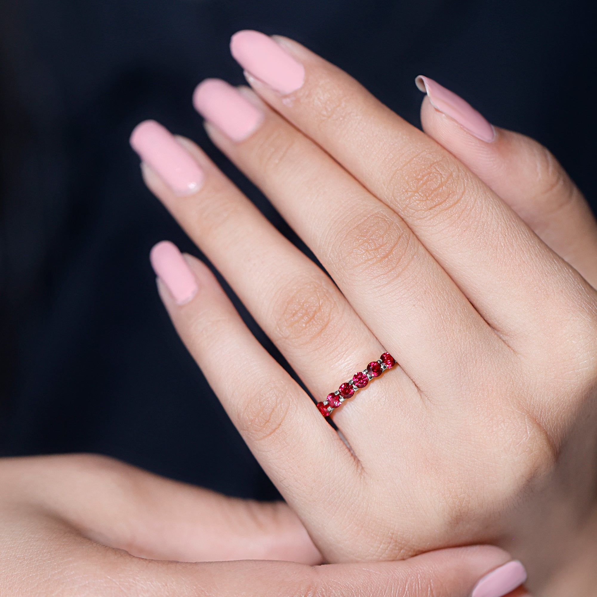 Shared Prong Set Round Created Ruby Full Eternity Band Ring