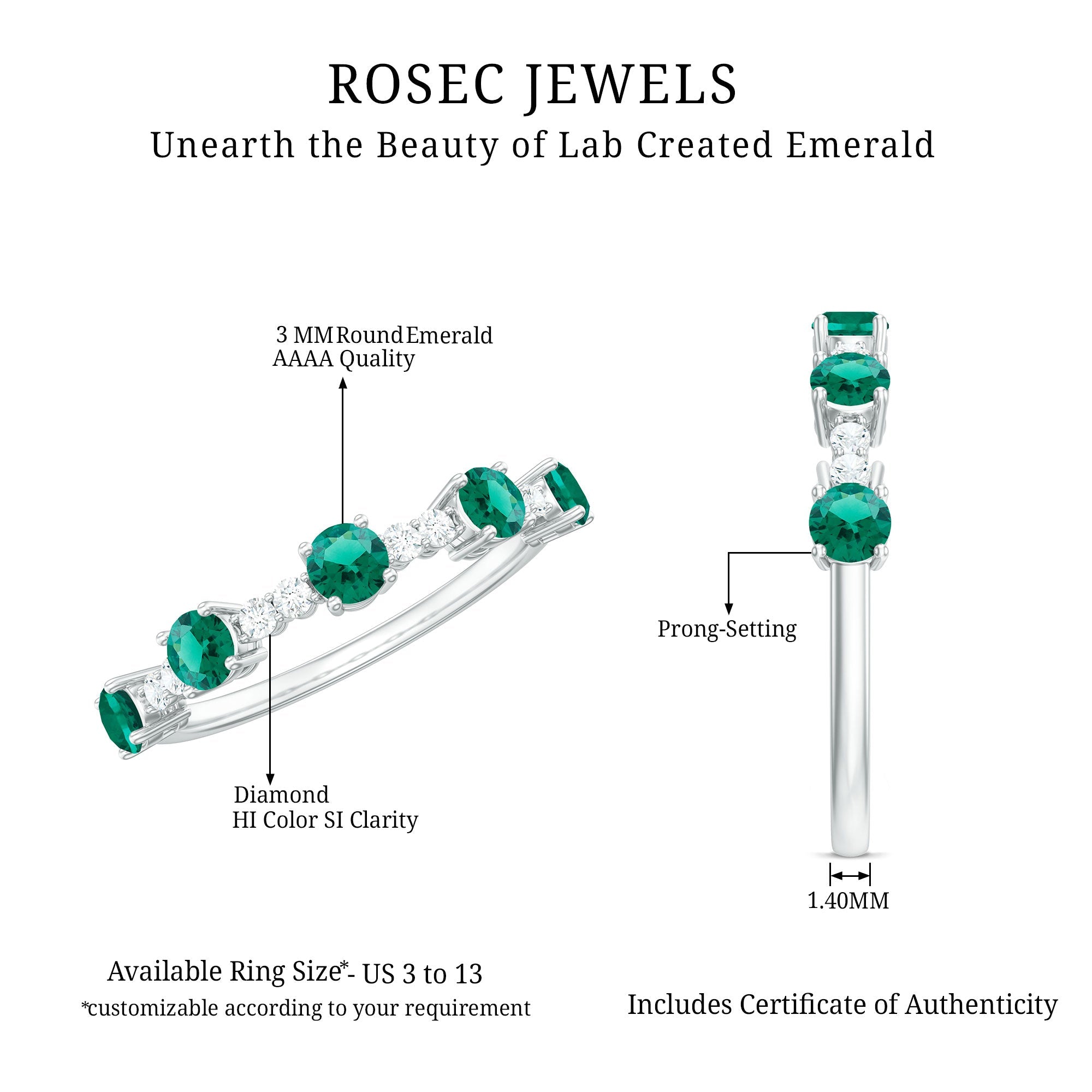 Certified Lab Grown Emerald Half Eternity Anniversary Ring with Diamond