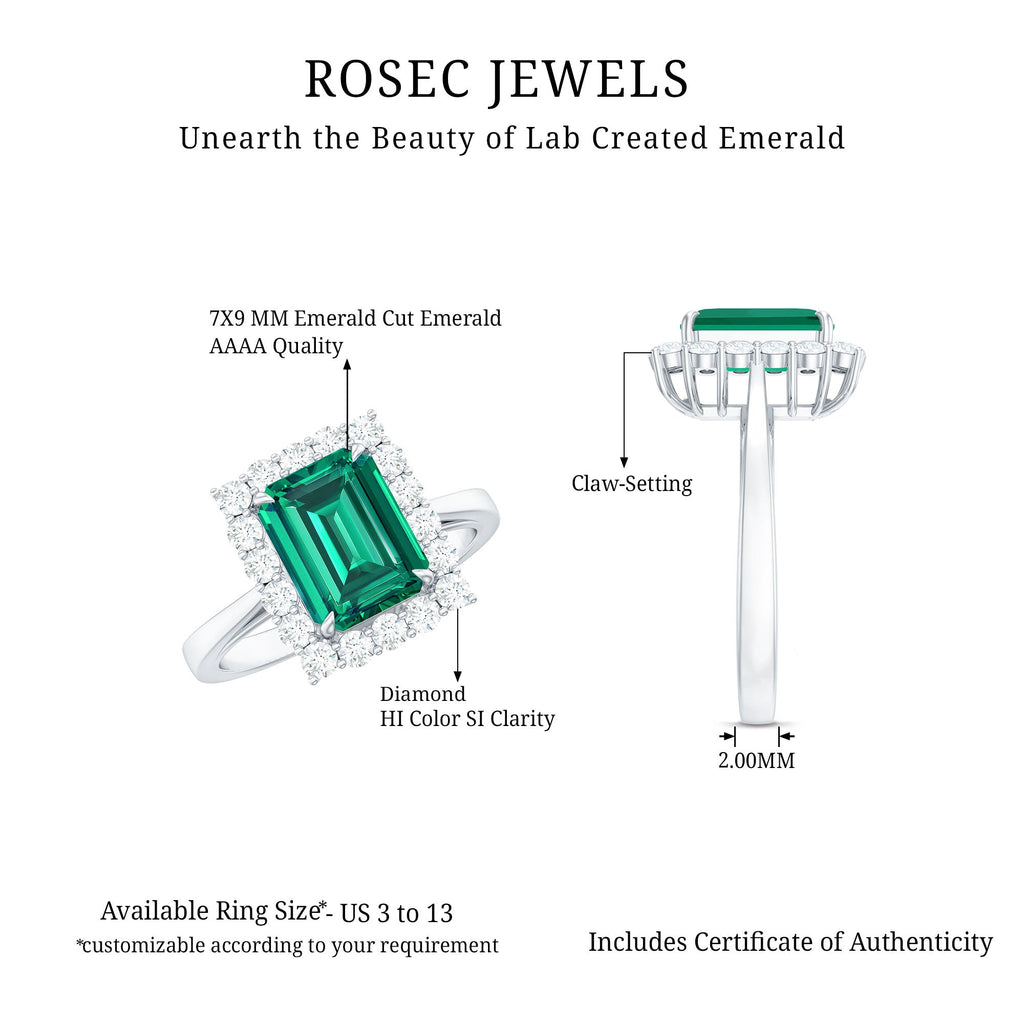 Lab Grown 7X9 mm Emerald Cut Emerald Vintage Engagement Ring with Diamond Halo