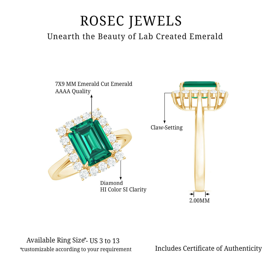 Lab Grown 7X9 mm Emerald Cut Emerald Vintage Engagement Ring with Diamond Halo