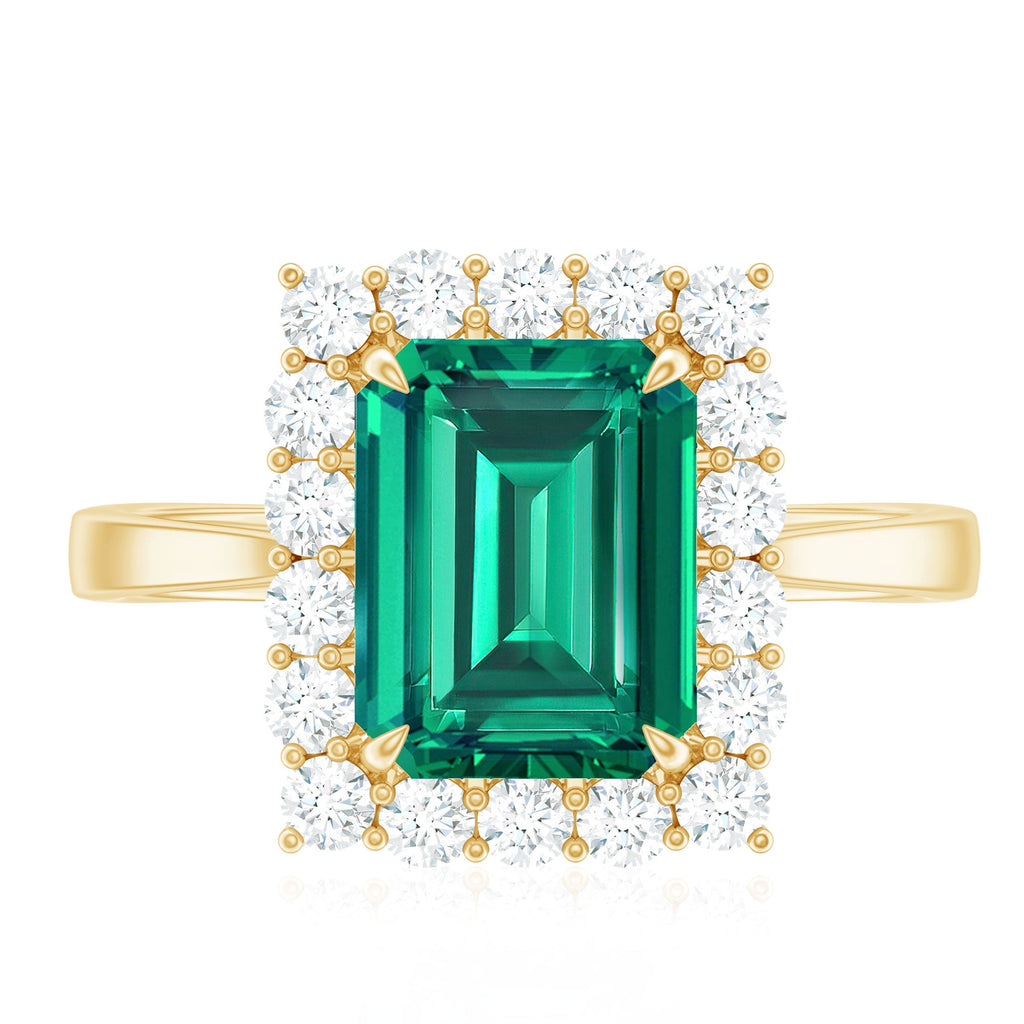 Lab Grown 7X9 mm Emerald Cut Emerald Vintage Engagement Ring with Diamond Halo