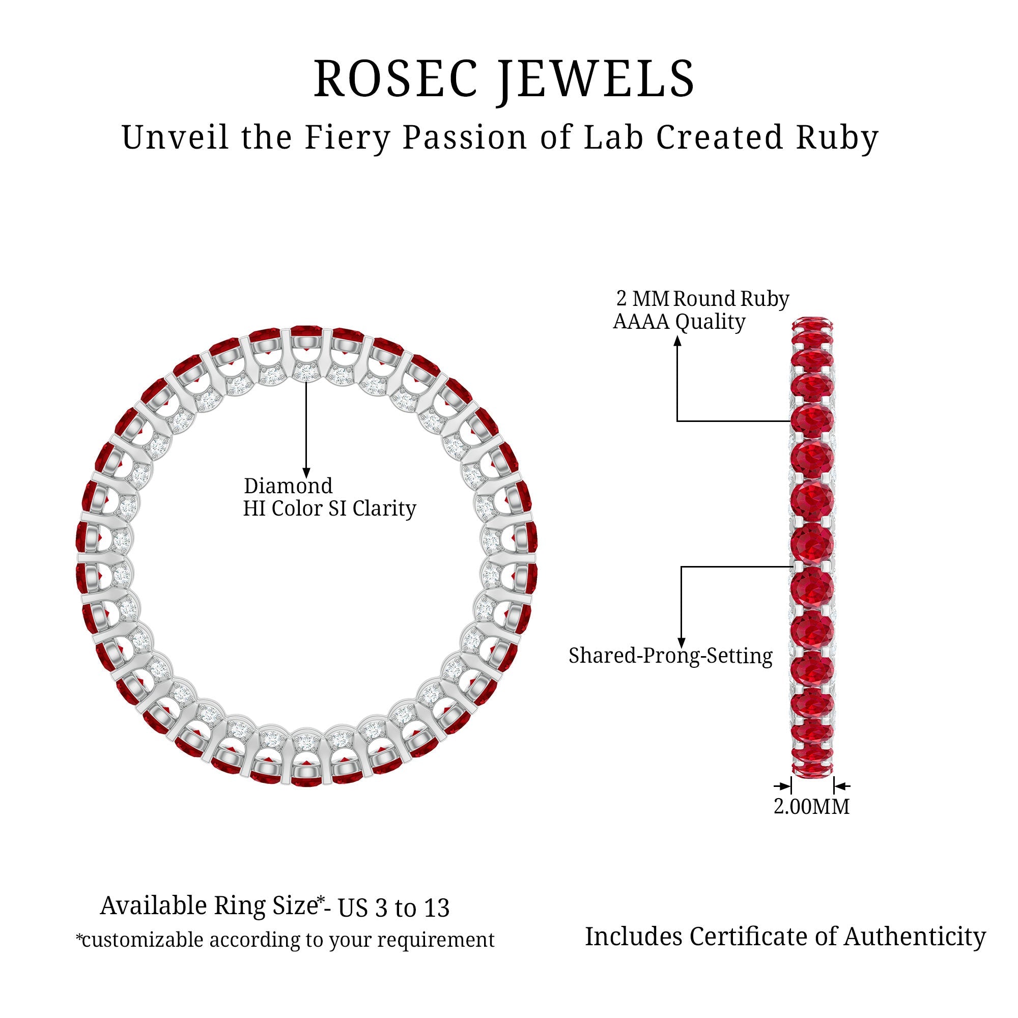 1.75 CT Round Shape Lab Grown Ruby and Diamond Eternity Wedding Band