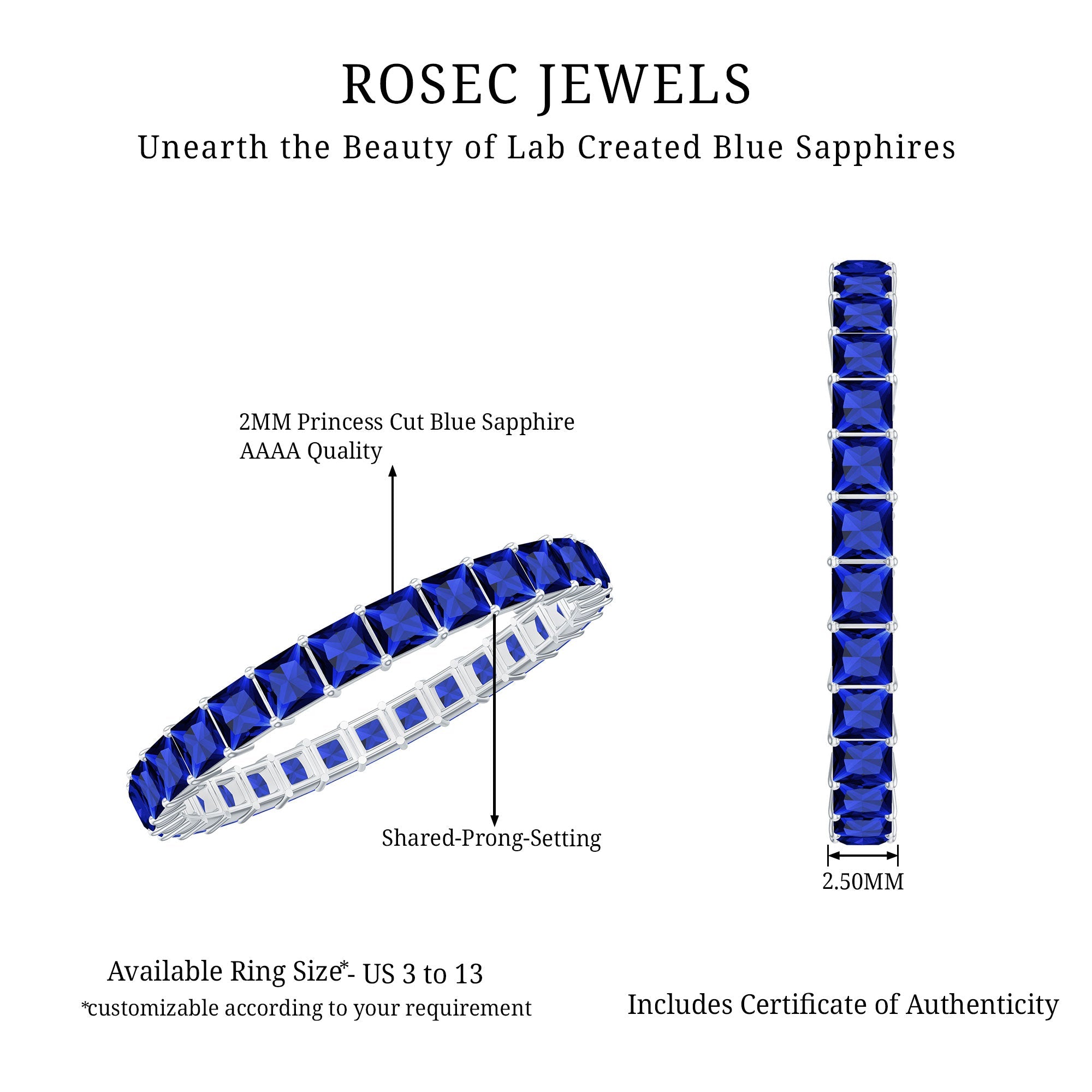 Princess Cut Certified Lab Created Blue Sapphire Full Eternity Ring